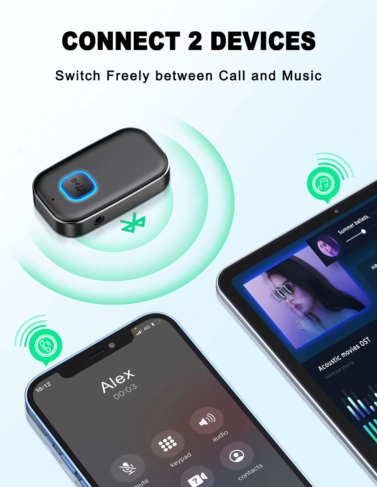 COMSOON Bluetooth AUX Adapter for Car, Noise Reduction Bluetooth Receiver for Music/Hands-Free Calls, Wireless Audio Receiver for Home Stereo/Speaker, 16H Battery Life/Dual Connect (All Black) All Black - Image 7
