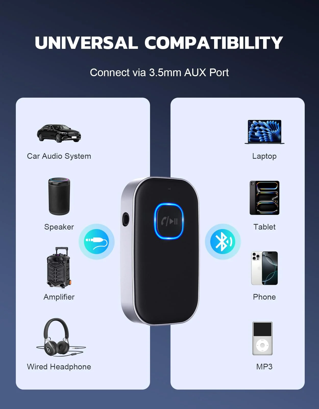 COMSOON Bluetooth Receiver for Car, Noise Cancelling 3.5mm AUX Bluetooth Car Adapter, Wireless Audio Receiver for Home Stereo/Wired Headphones, Hands-Free Call, 16H Battery Life - Black+Silver - Image 2