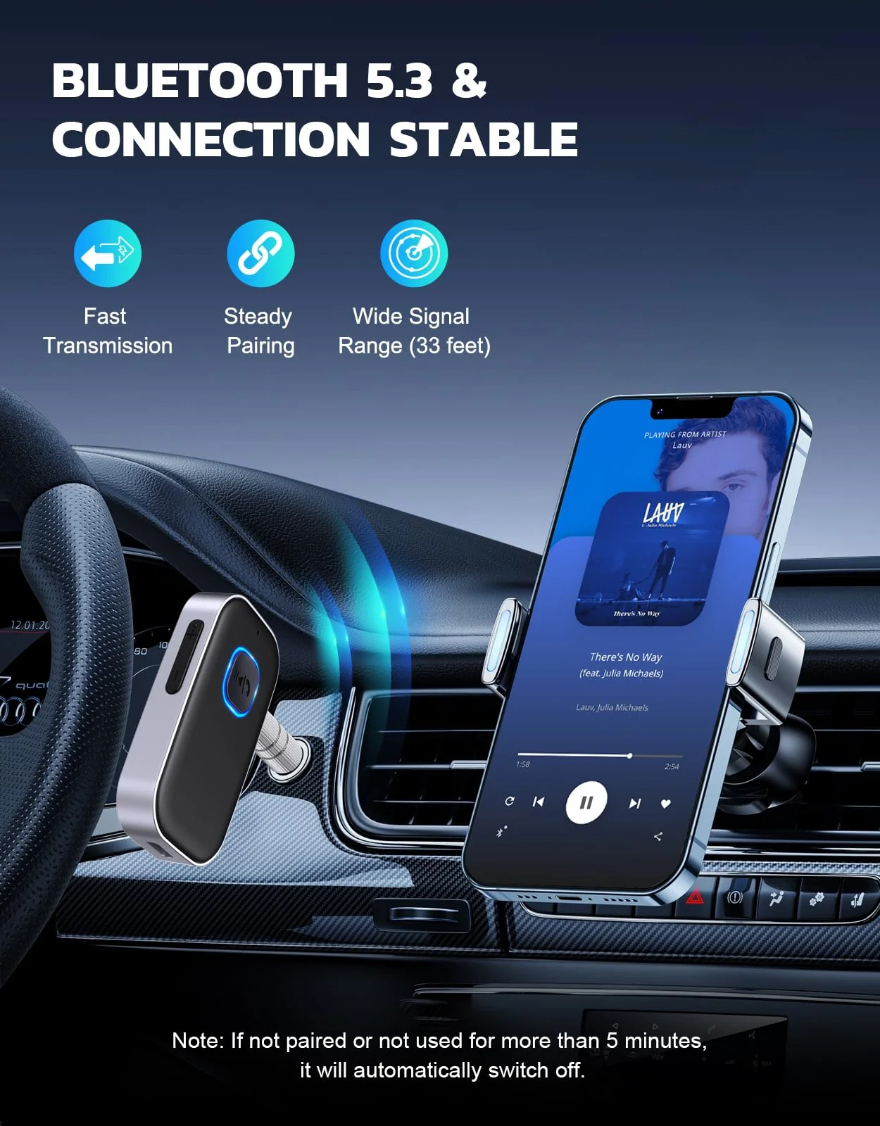 COMSOON Bluetooth Receiver for Car, Noise Cancelling 3.5mm AUX Bluetooth Car Adapter, Wireless Audio Receiver for Home Stereo/Wired Headphones, Hands-Free Call, 16H Battery Life - Black+Silver - Image 3