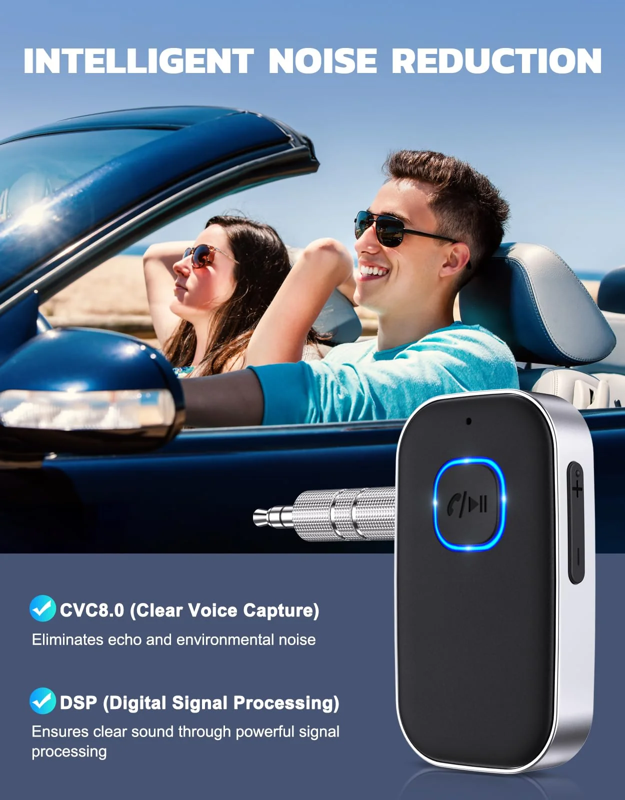 COMSOON Bluetooth Receiver for Car, Noise Cancelling 3.5mm AUX Bluetooth Car Adapter, Wireless Audio Receiver for Home Stereo/Wired Headphones, Hands-Free Call, 16H Battery Life - Black+Silver - Image 4