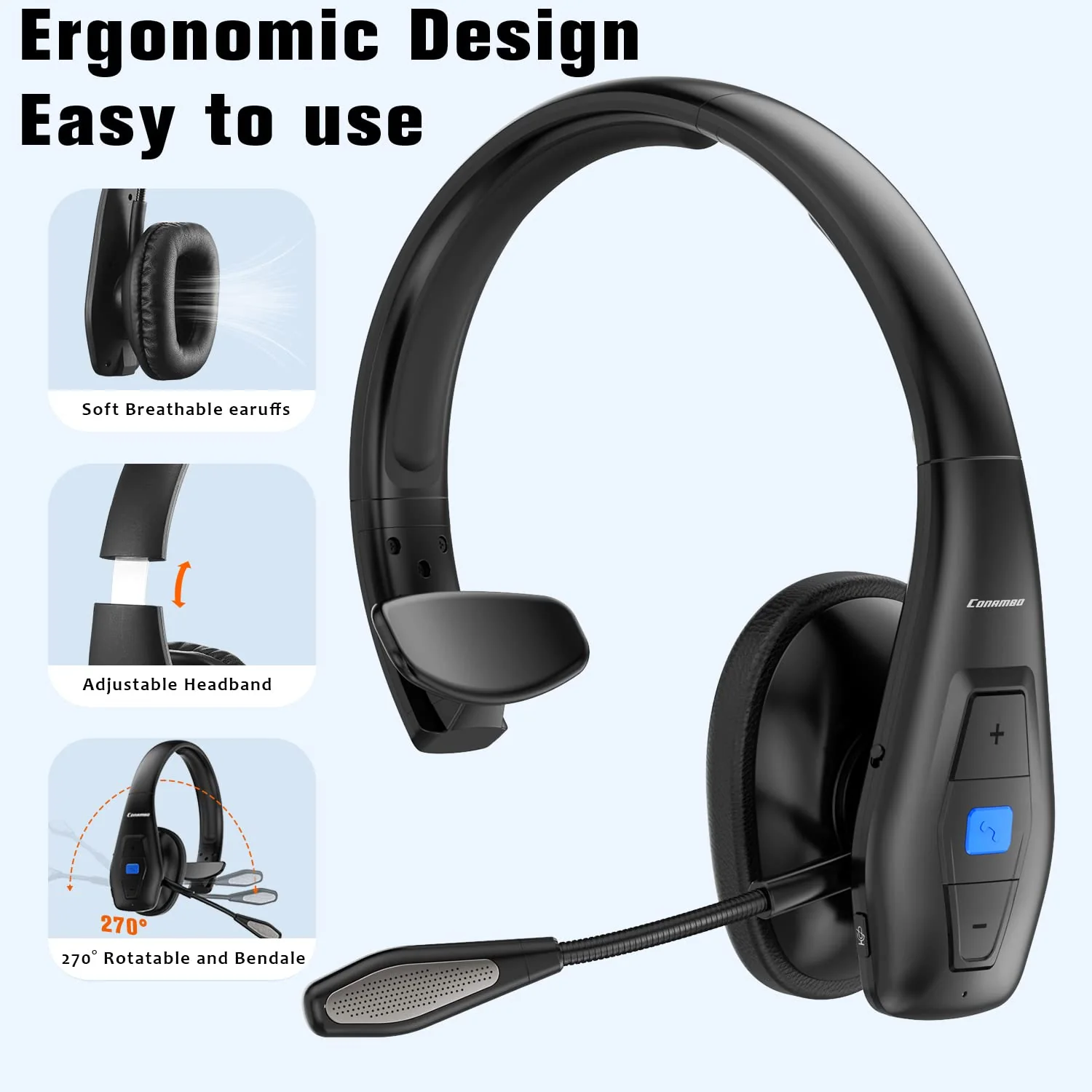 Conambo Bluetooth Headset V5.1, Trucker Bluetooth Headset with CVC8.0 Dual Mic Noise Canceling & Mute Button & 60 Hrs Workingtime Wireless On-Ear Headphones for Trucker Home Office Work Cell Phones - Image 3