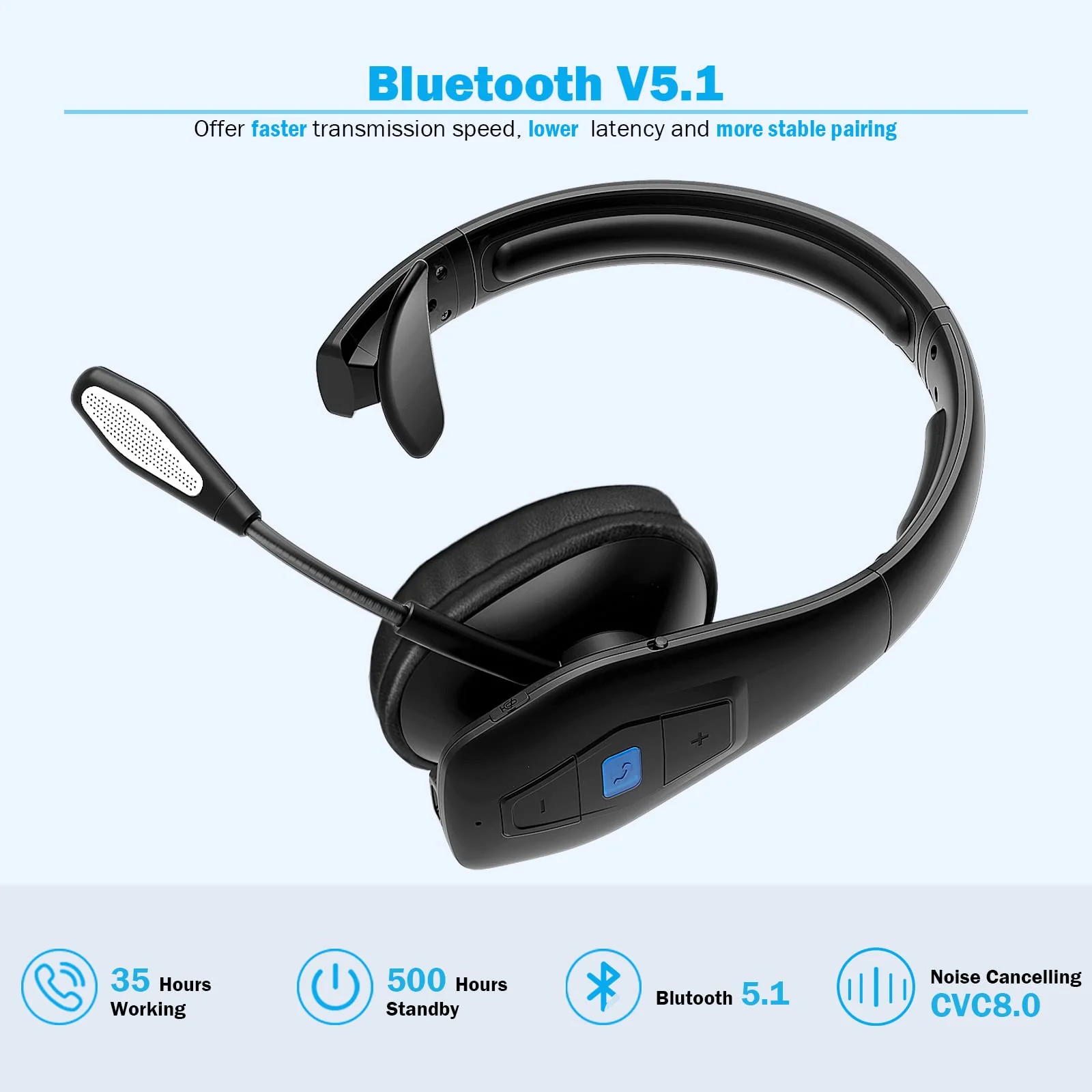 Conambo Bluetooth Headset V5.1, Trucker Bluetooth Headset with CVC8.0 Dual Mic Noise Canceling & Mute Button & 60 Hrs Workingtime Wireless On-Ear Headphones for Trucker Home Office Work Cell Phones - Image 4