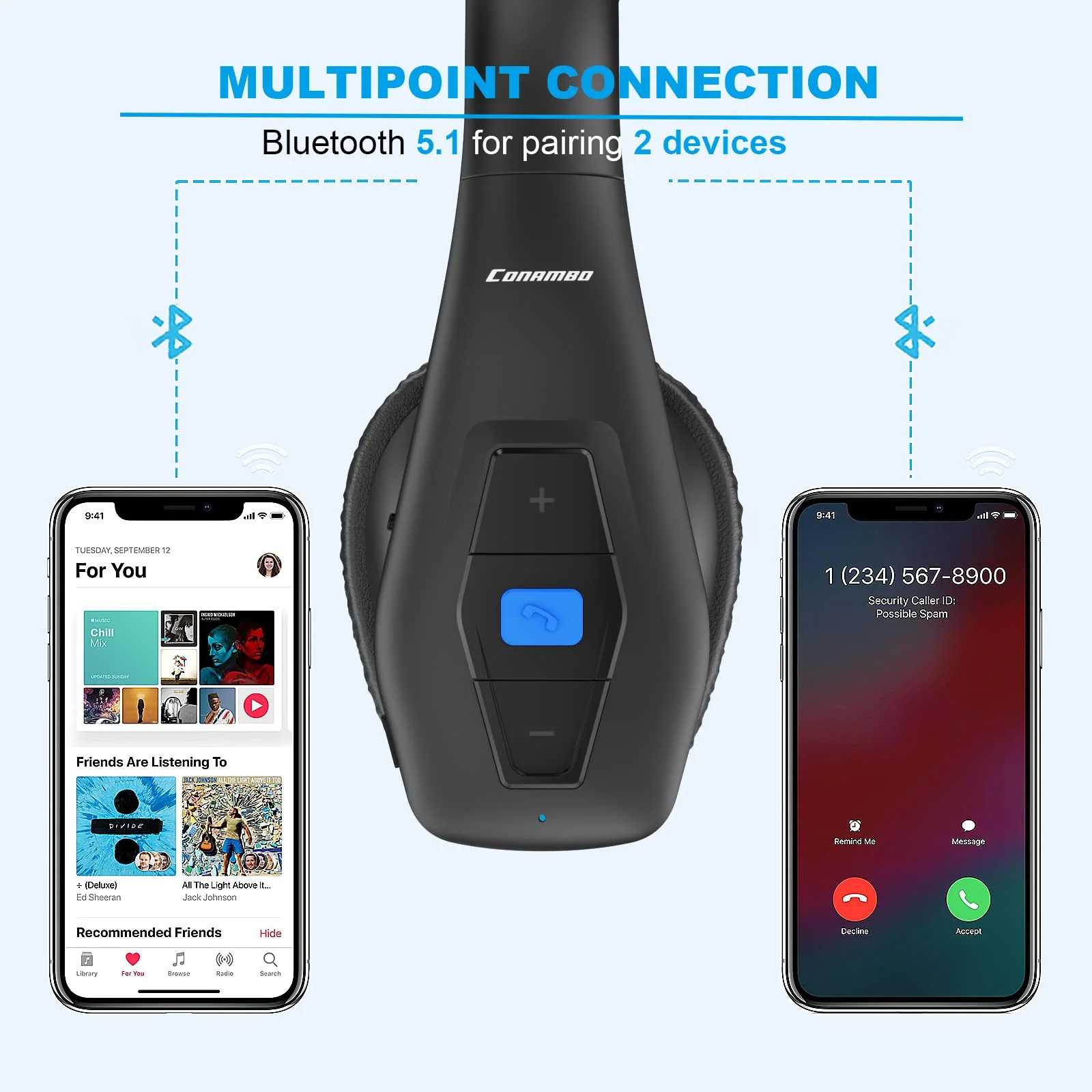 Conambo Bluetooth Headset V5.1, Trucker Bluetooth Headset with CVC8.0 Dual Mic Noise Canceling & Mute Button & 60 Hrs Workingtime Wireless On-Ear Headphones for Trucker Home Office Work Cell Phones - Image 5
