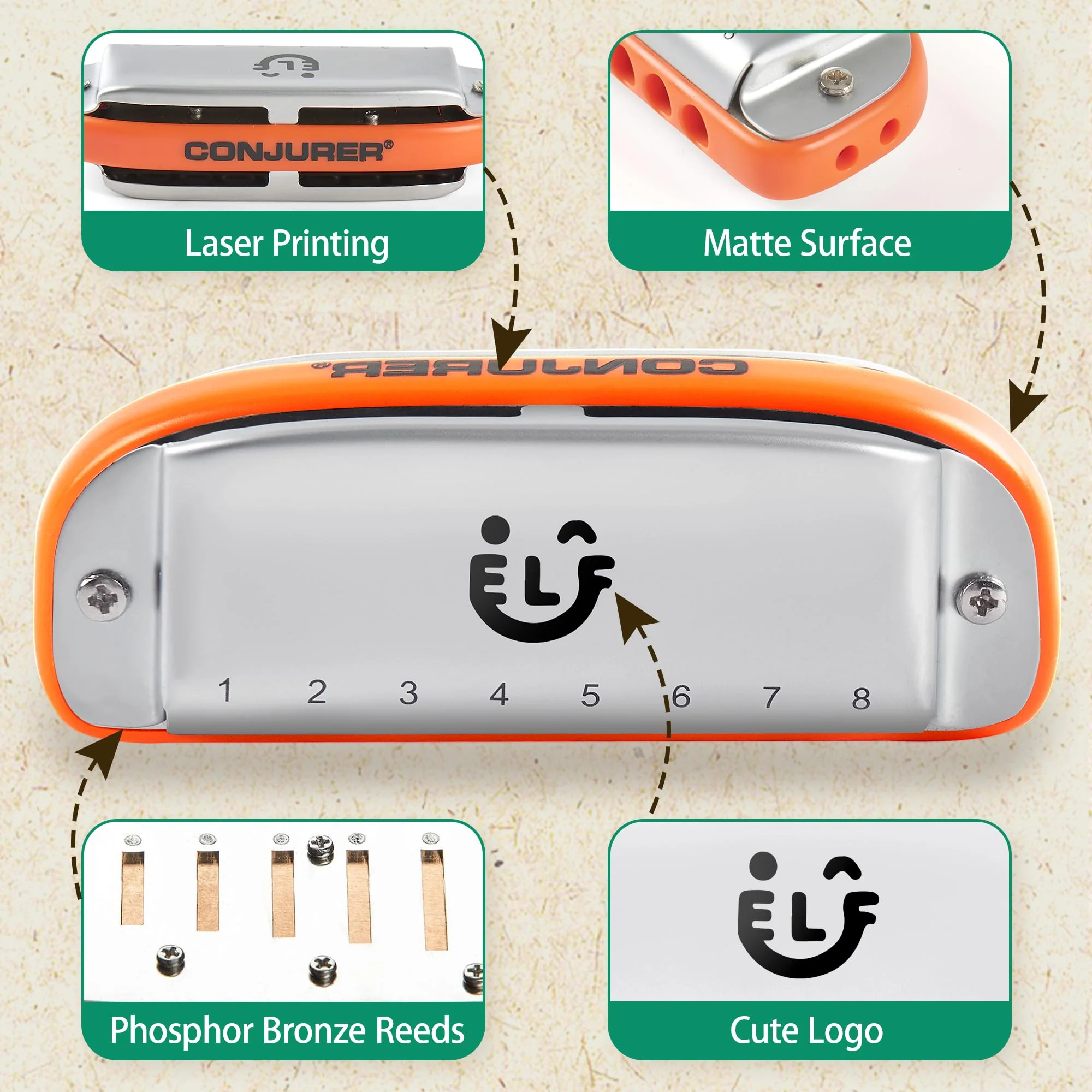 CONJURER 8 Hole Blues Harmonica for Students Adult, C Key Diatonic Harmonica Mouth Organ for Beginners Professionals, with Exquisite Case, Musical Instrument, as a Gift, Orange - Image 2