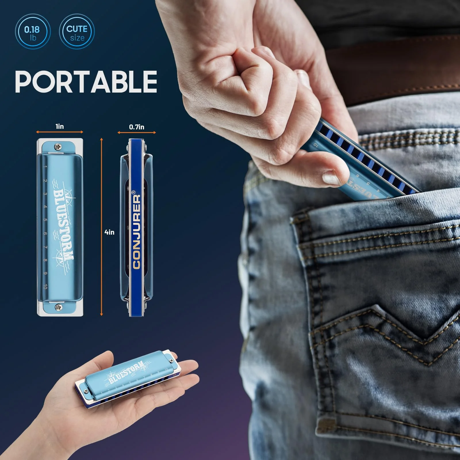 CONJURER Blues Harmonica for Adult 10 Hole Diatonic Harmonica in C Key for Beginners Professionals Phosphor Bronze Reeds Brass Deluxe Mouth Organ with Case, Key of C Blue 10-hole blues (Bluestorm) C key Blue (Satin) - Image 4