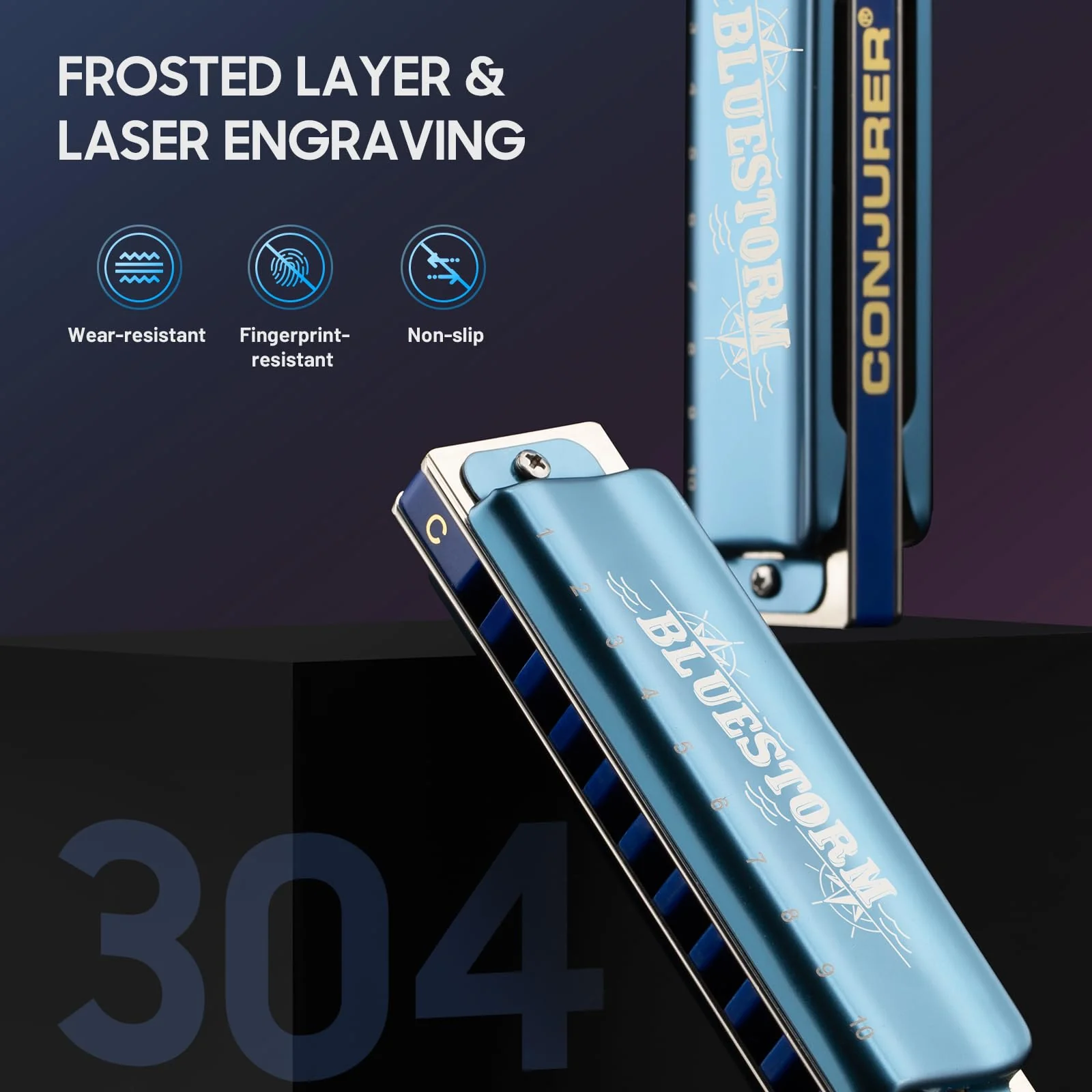 CONJURER Blues Harmonica for Adult 10 Hole Diatonic Harmonica in C Key for Beginners Professionals Phosphor Bronze Reeds Brass Deluxe Mouth Organ with Case, Key of C Blue 10-hole blues (Bluestorm) C key Blue (Satin) - Image 5