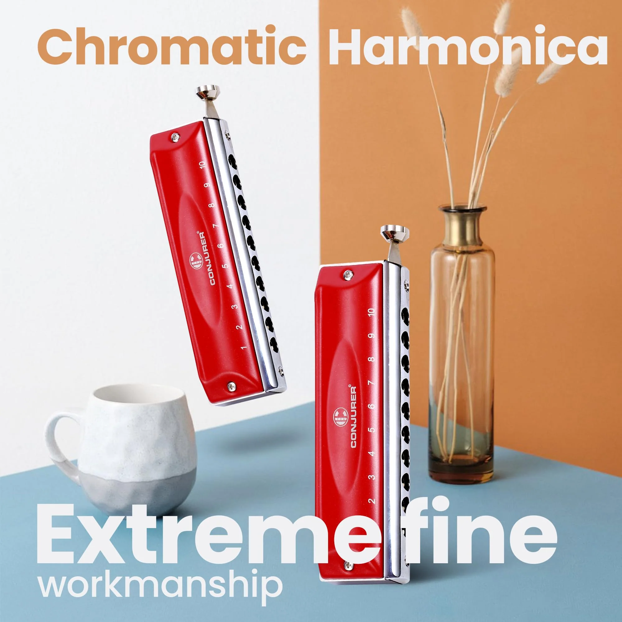 CONJURER Chromatic Harmonica Valveless for Adult Beginners Students 10 Hole Harmonica Key of C Stainless Steel Mouth Organ with Brass Reed in Case, C Key Red 10-Hole Chromatic - Image 6