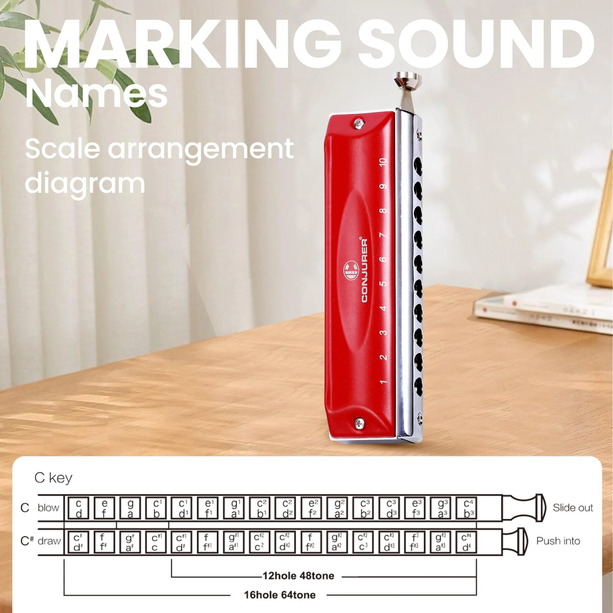 CONJURER Chromatic Harmonica Valveless for Adult Beginners Students 10 Hole Harmonica Key of C Stainless Steel Mouth Organ with Brass Reed in Case, C Key Red 10-Hole Chromatic - Image 7