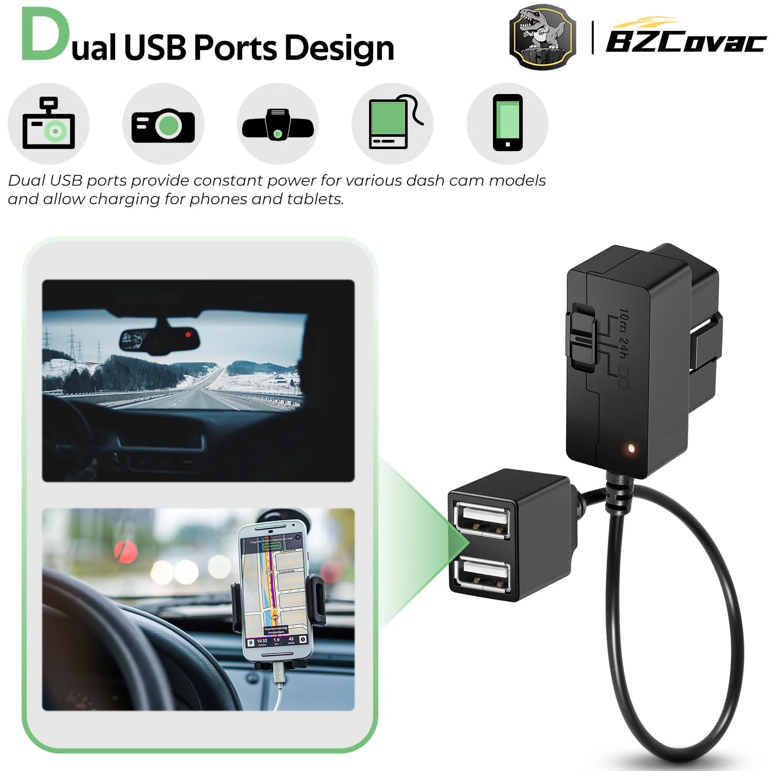 Constant Power Cable for Garmin Dash Cam, OBD-II Port Adapter with Dual USB for Car Charging, Supports Multiple Parking Modes - Image 3