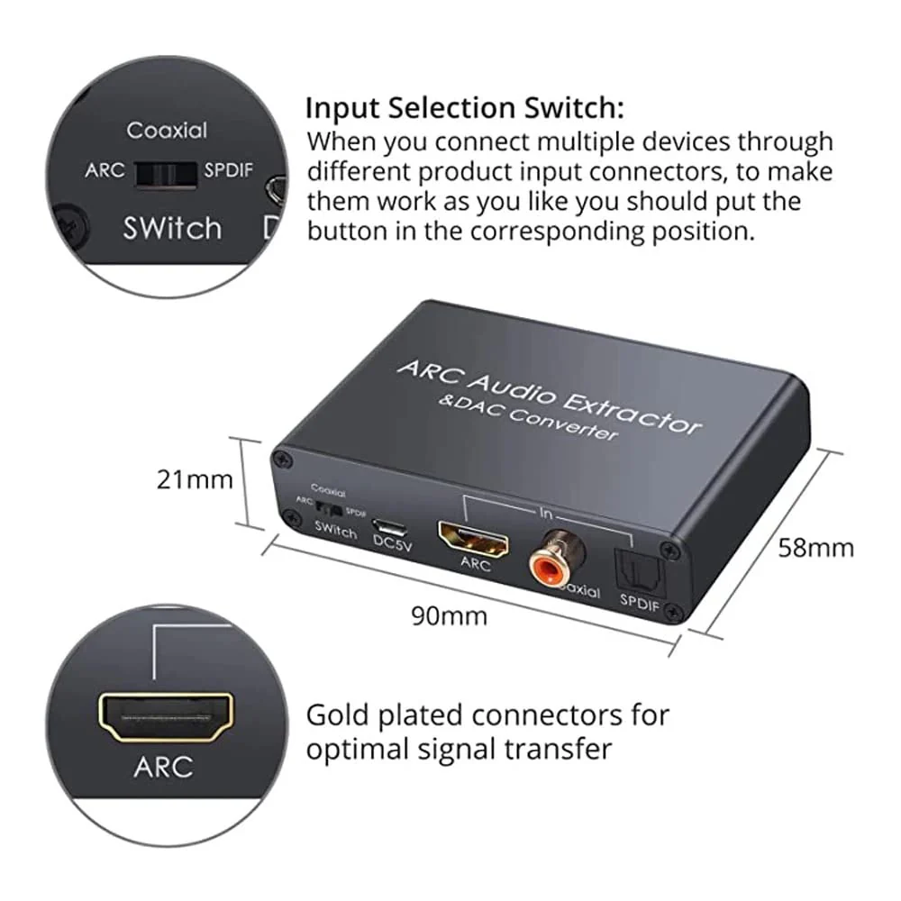 Converter HDTV-Compatible Audio Adapter DAC ARC L/R Coaxial SPDIF Jack Extractor Return Channel 3.5mm Headphone for TV(Cable not Included) - Image 4