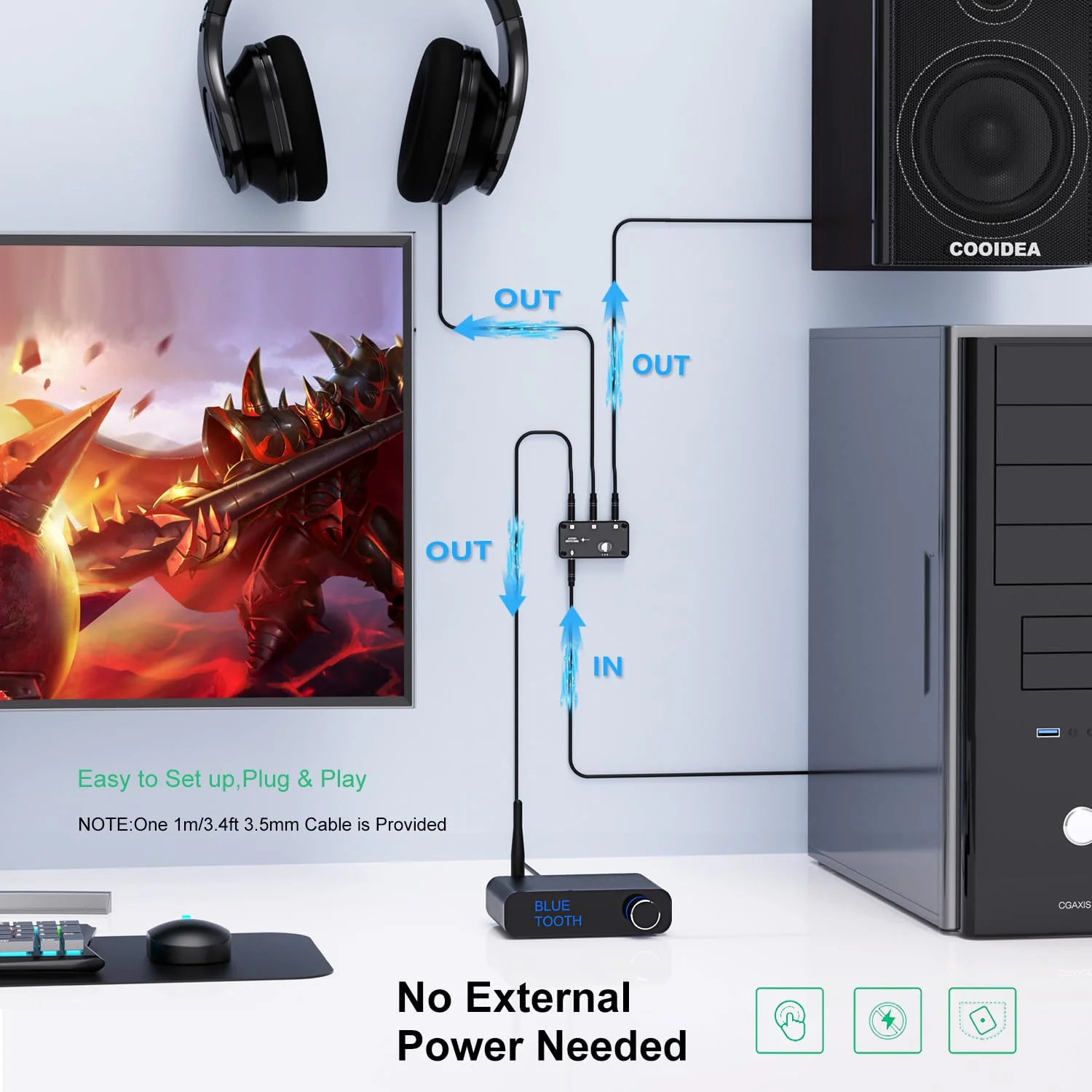COOIDEA 3.5mm Stereo Audio Switcher Support 1 in 3 Out or 3 in 1 Out with 3.5mm Audio Cable, 3 Ports AUX Audio Speaker Selector for PC Phone Laptop Headphone - Image 4