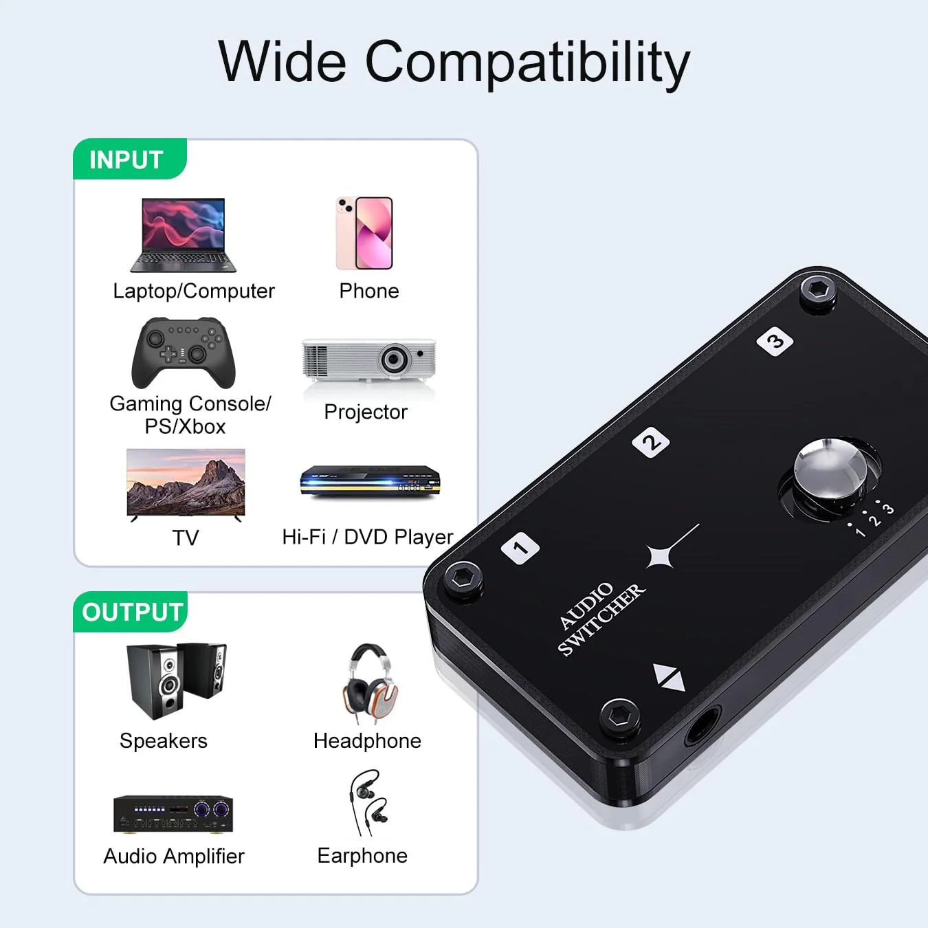 COOIDEA 3.5mm Stereo Audio Switcher Support 1 in 3 Out or 3 in 1 Out with 3.5mm Audio Cable, 3 Ports AUX Audio Speaker Selector for PC Phone Laptop Headphone - Image 6
