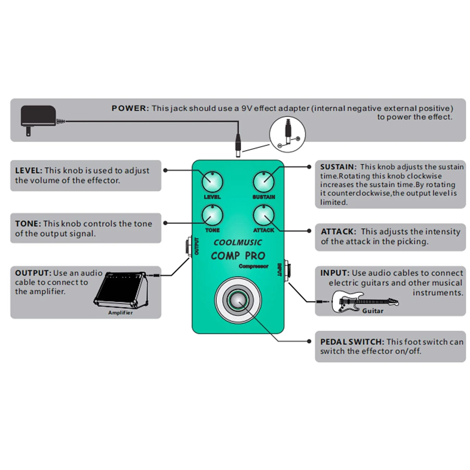 COOLMUSIC C-CS01 Compressor Pedal, Comp Guitar Pedal Compression Effect Electric Guitar and Bass True Bypass - Image 6