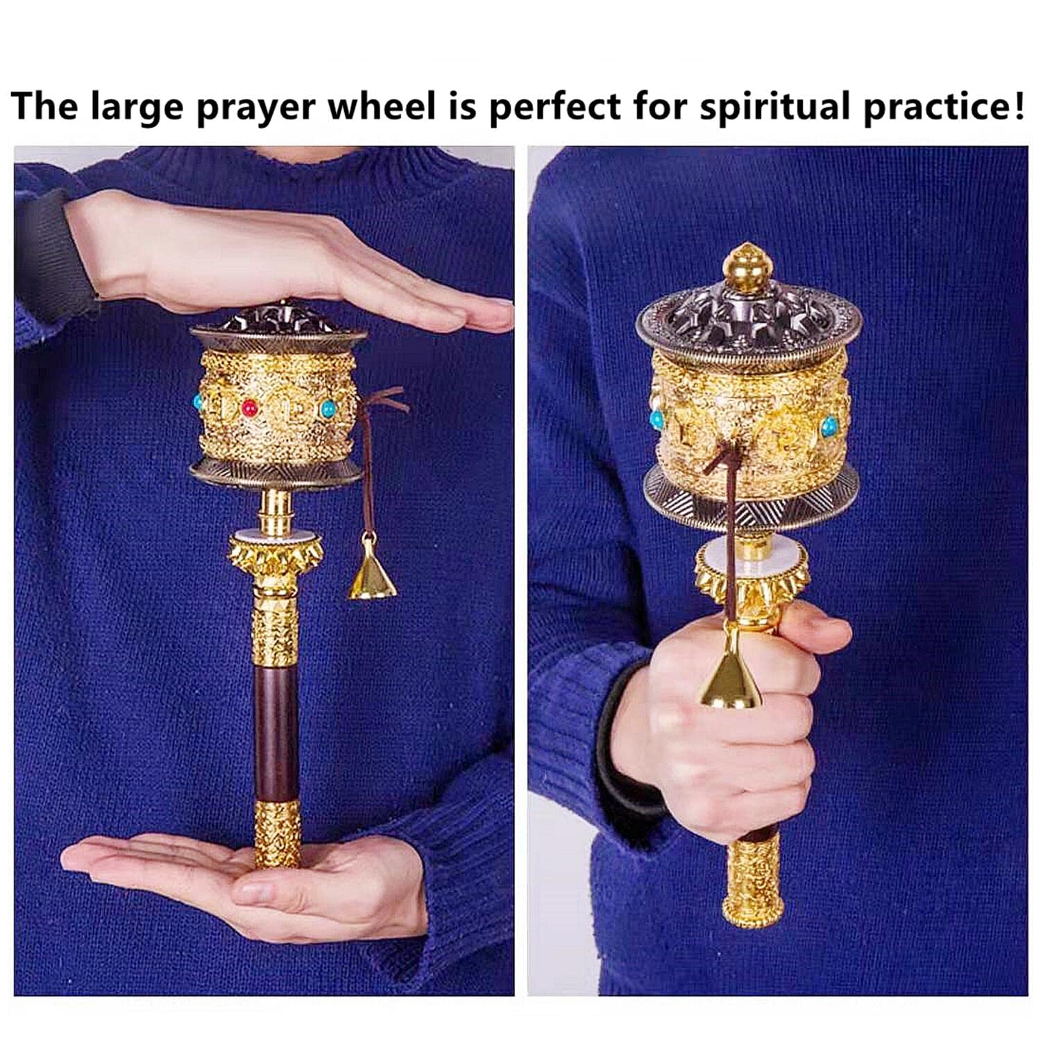 Copper Large Hand Held Prayer Wheel with Tibetan Buddhist Six-Character Truth Premium Buddha Scriptures, Wooden Handle Prayer Wheel for Praying, Blessing, Meditation, Healing, Relaxing, Yoga - Image 3