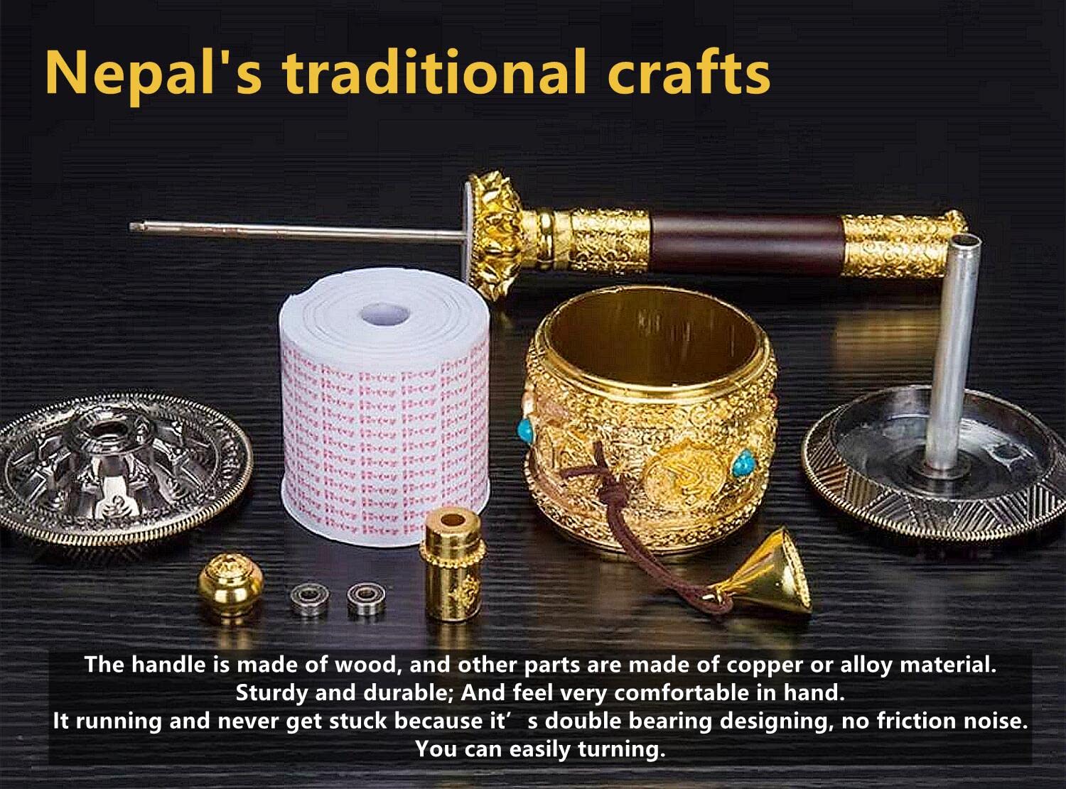 Copper Large Hand Held Prayer Wheel with Tibetan Buddhist Six-Character Truth Premium Buddha Scriptures, Wooden Handle Prayer Wheel for Praying, Blessing, Meditation, Healing, Relaxing, Yoga - Image 8