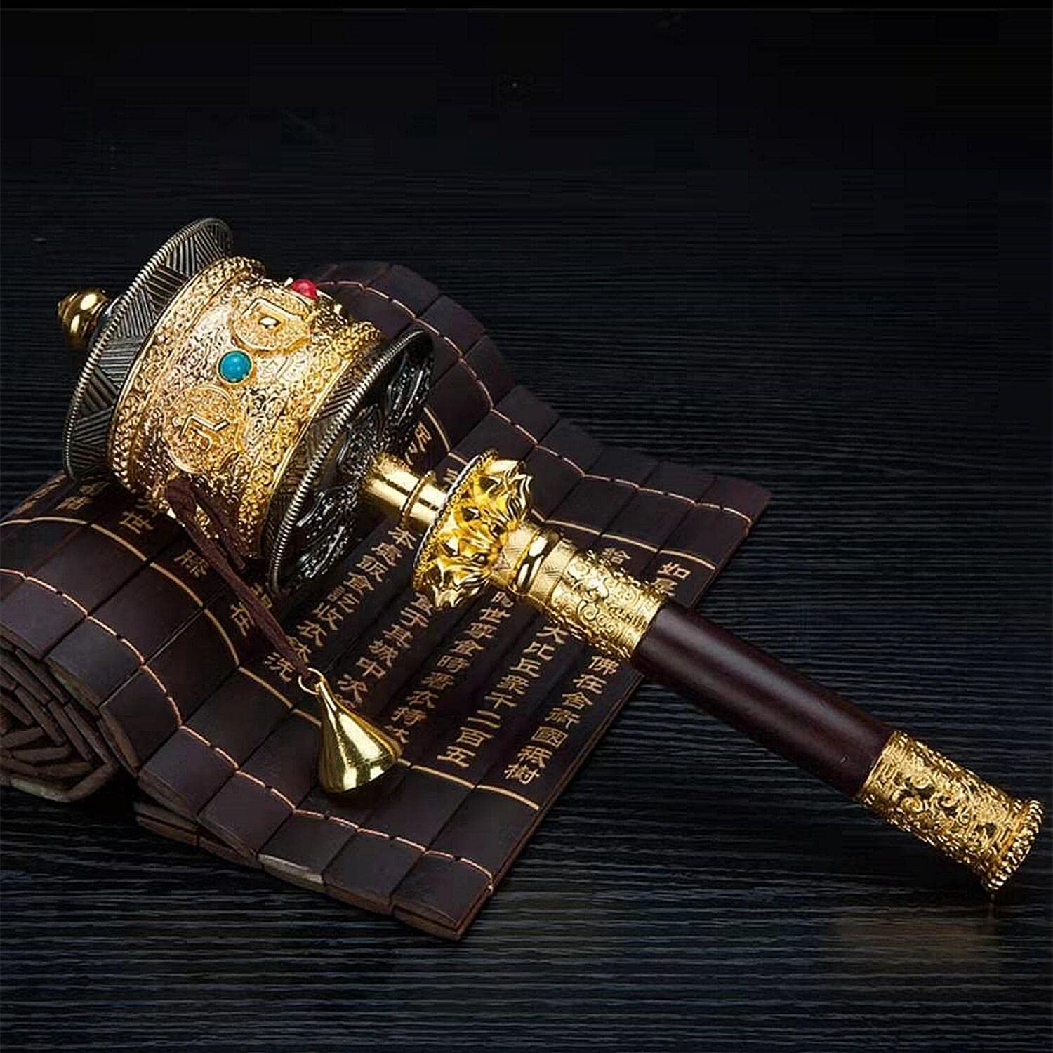 Copper Large Hand Held Prayer Wheel with Tibetan Buddhist Six-Character Truth Premium Buddha Scriptures, Wooden Handle Prayer Wheel for Praying, Blessing, Meditation, Healing, Relaxing, Yoga - Image 9