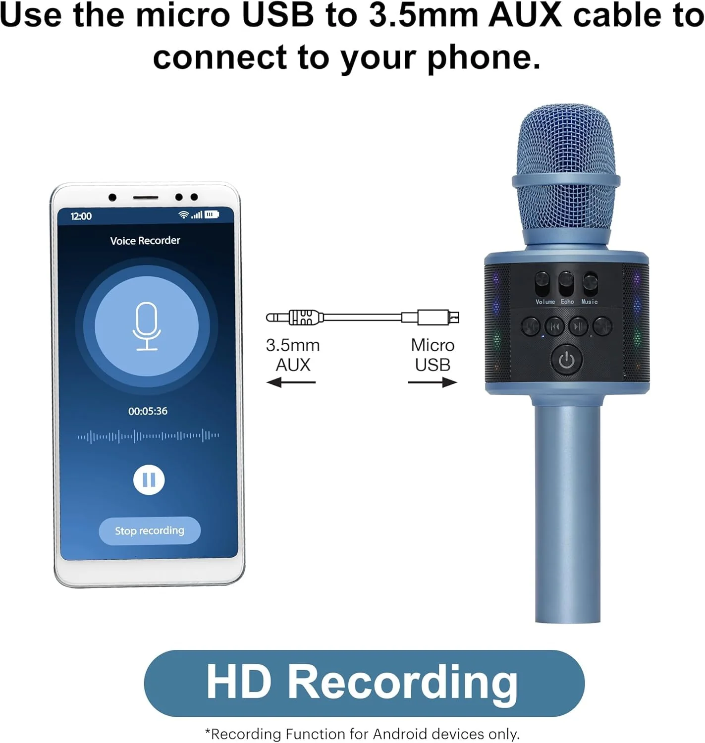 Core Innovations Wireless Bluetooth Karaoke Microphone with Built-in Speakers + HD Recording, Portable Handheld Mic | Blue - Image 4