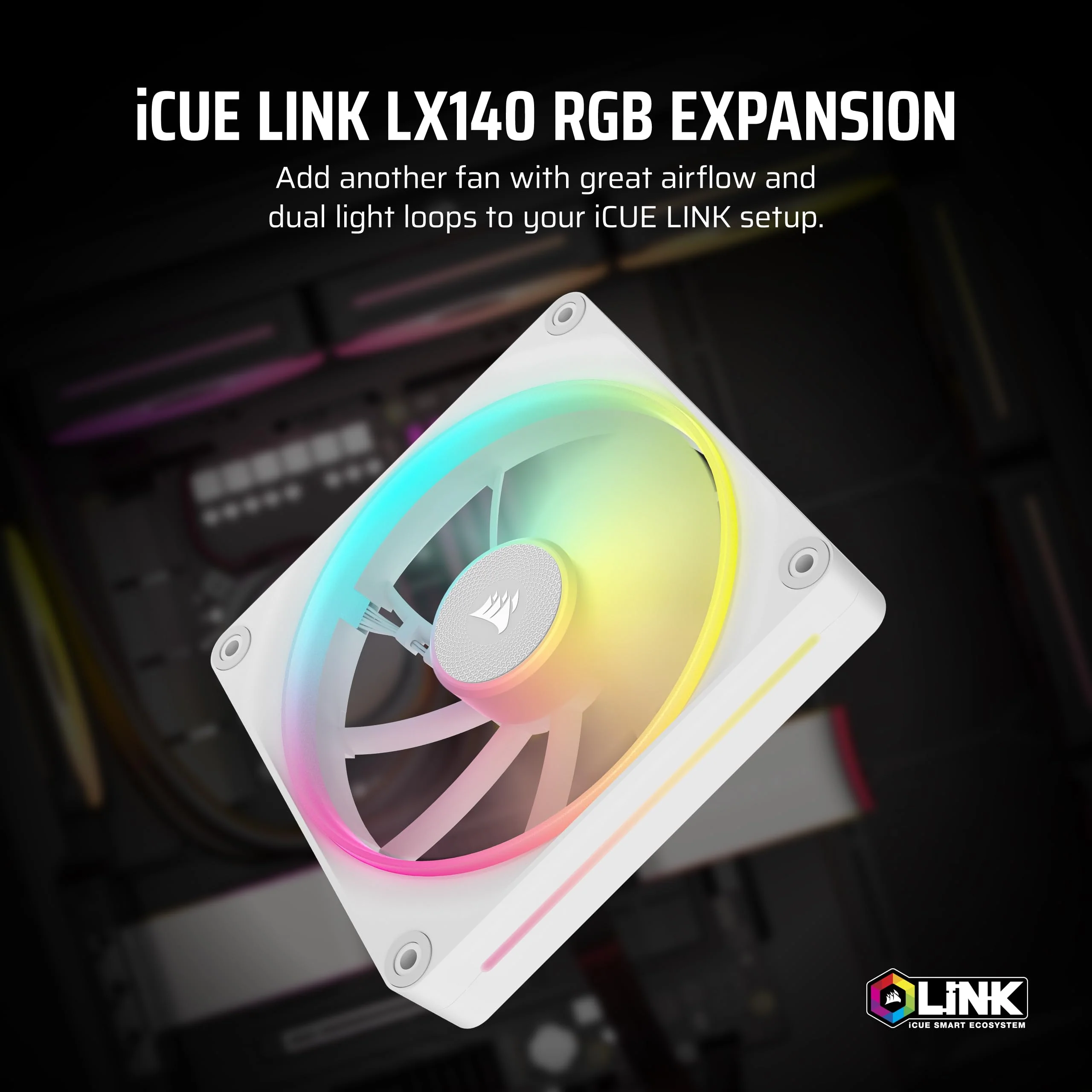 CORSAIR iCUE Link LX140 RGB 140mm PWM Fan Single Pack – Dual Light Loops – Requires iCUE Link System Hub (Sold Separately) – CORSAIR AirGuide Technology – White 1 x 140mm - Image 2