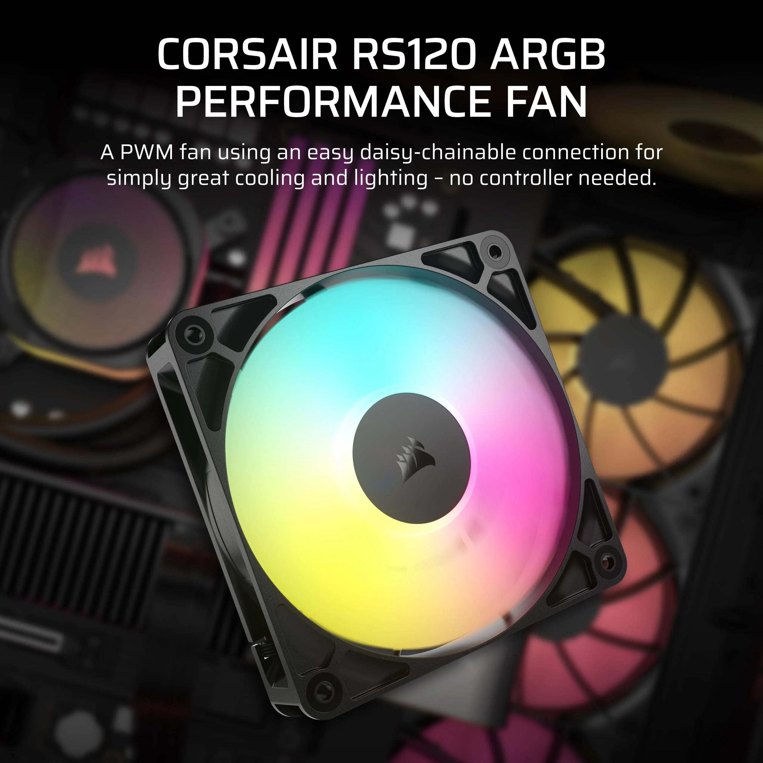CORSAIR RS120 ARGB 120mm PWM Fan – Daisy-Chain Connection – Low-Noise – Magnetic Dome Bearing – Single Pack – Black 1 x 120mm - Image 2
