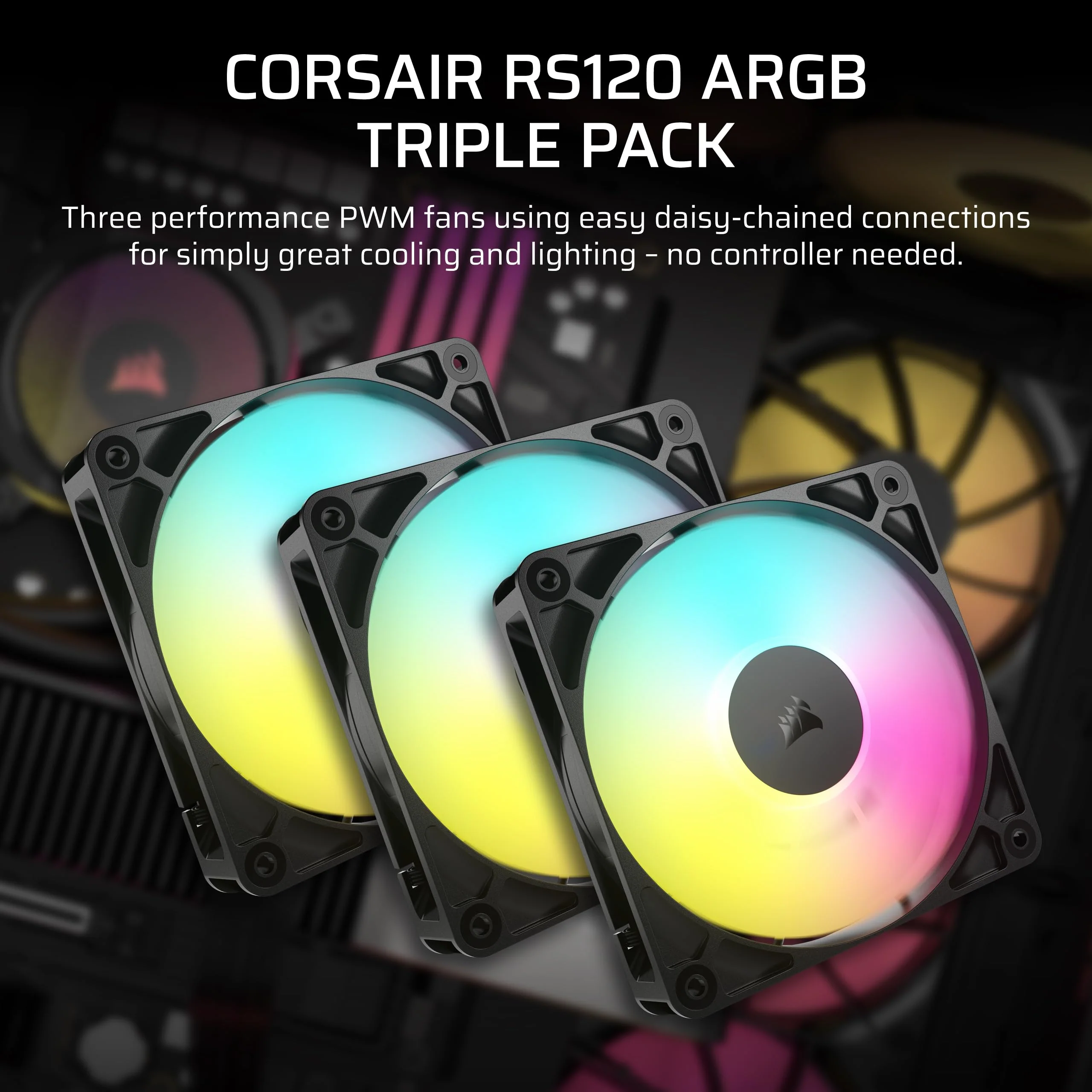 CORSAIR RS120 ARGB 120mm PWM Fans – Daisy-Chain Connection – Low-Noise – Magnetic Dome Bearing – Triple Pack – Black 3 x 120mm - Image 2