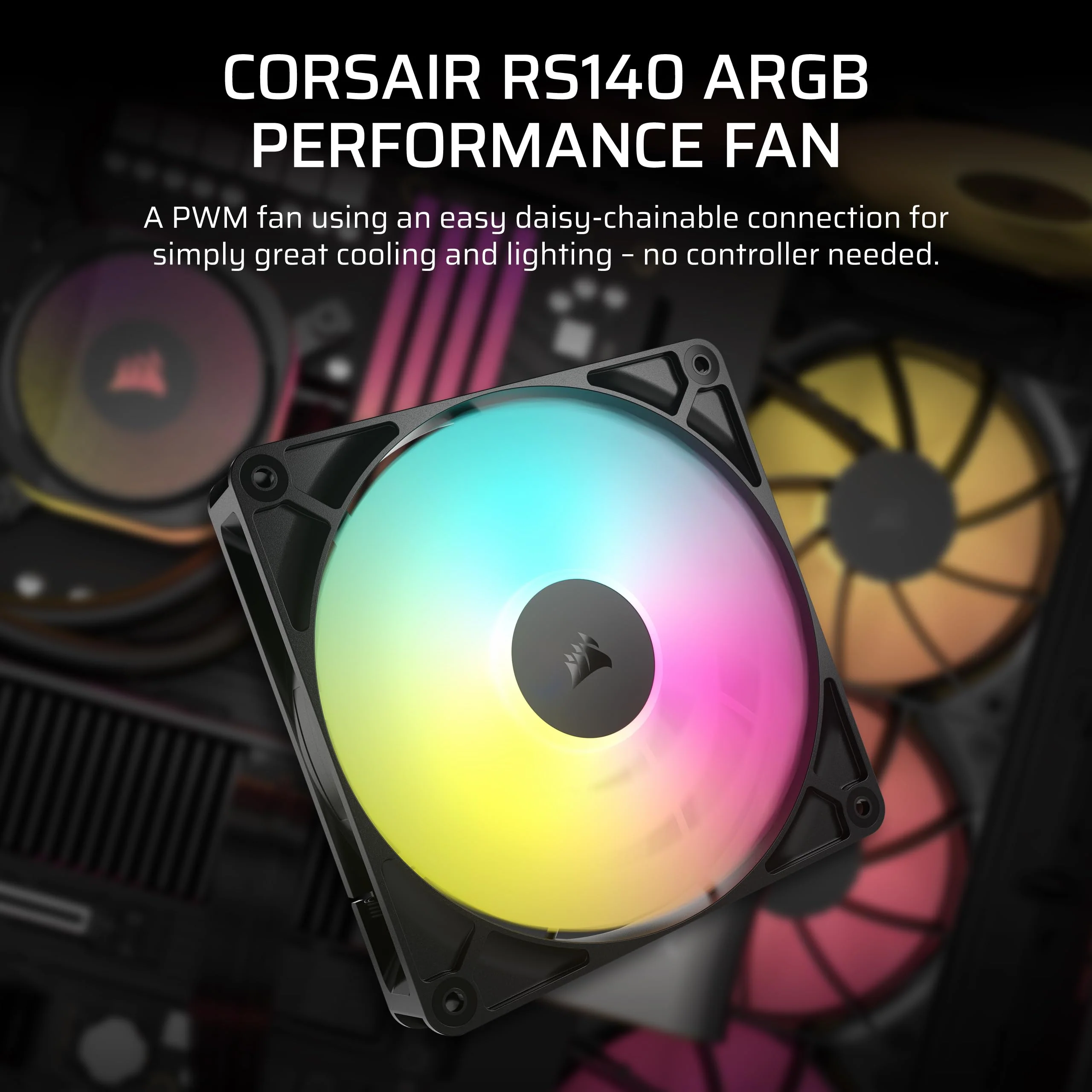CORSAIR RS140 ARGB 140mm PWM Fan – Daisy-Chain Connection – Low-Noise – Magnetic Dome Bearing – Single Pack – Black 1 x 140mm - Image 2