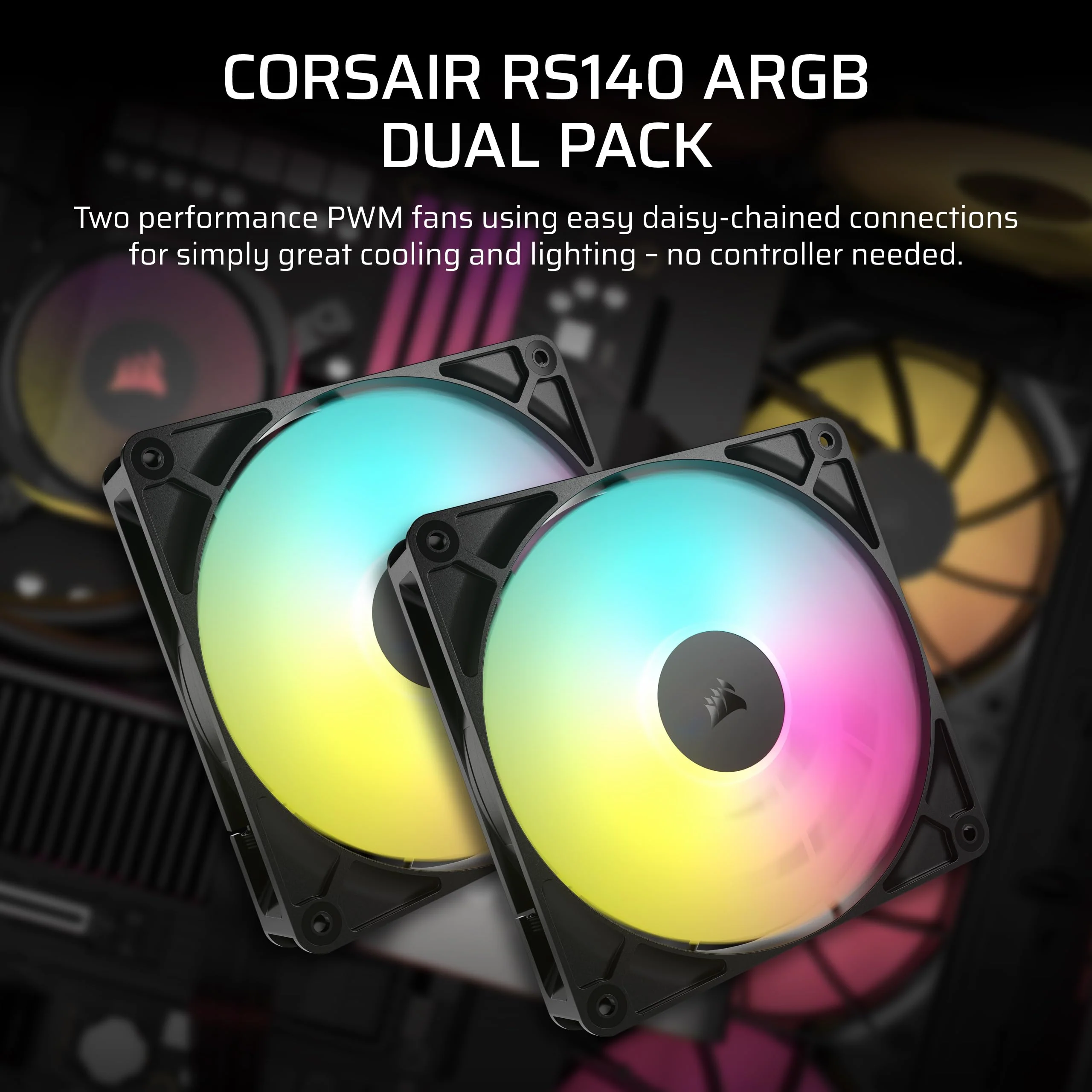 CORSAIR RS140 ARGB 140mm PWM Fans – Daisy-Chain Connection – Low-Noise – Magnetic Dome Bearing – Dual Pack – Black 2 x 140mm - Image 2
