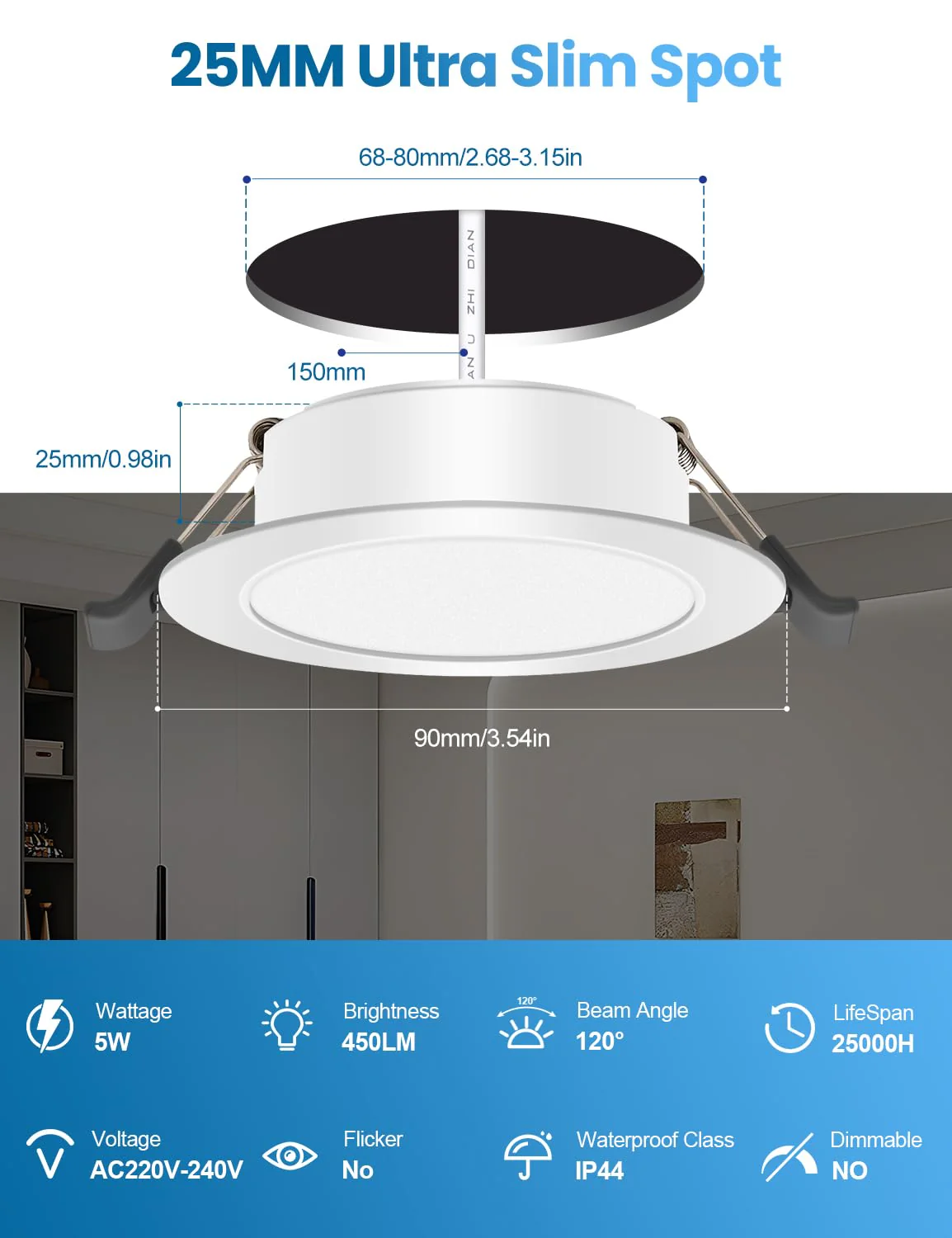 COTLEDL LED Recessed Spotlight, 230 V Flat, 10 LED Spotlights, 5 W, Neutral White, 4000 K, 68-80 mm Hole Size, IP44 Bathroom Recessed Lights, 450 LM Ceiling Spotlights for Bathroom, Living Room Neutral White 4000k Set of 10 - Image 2