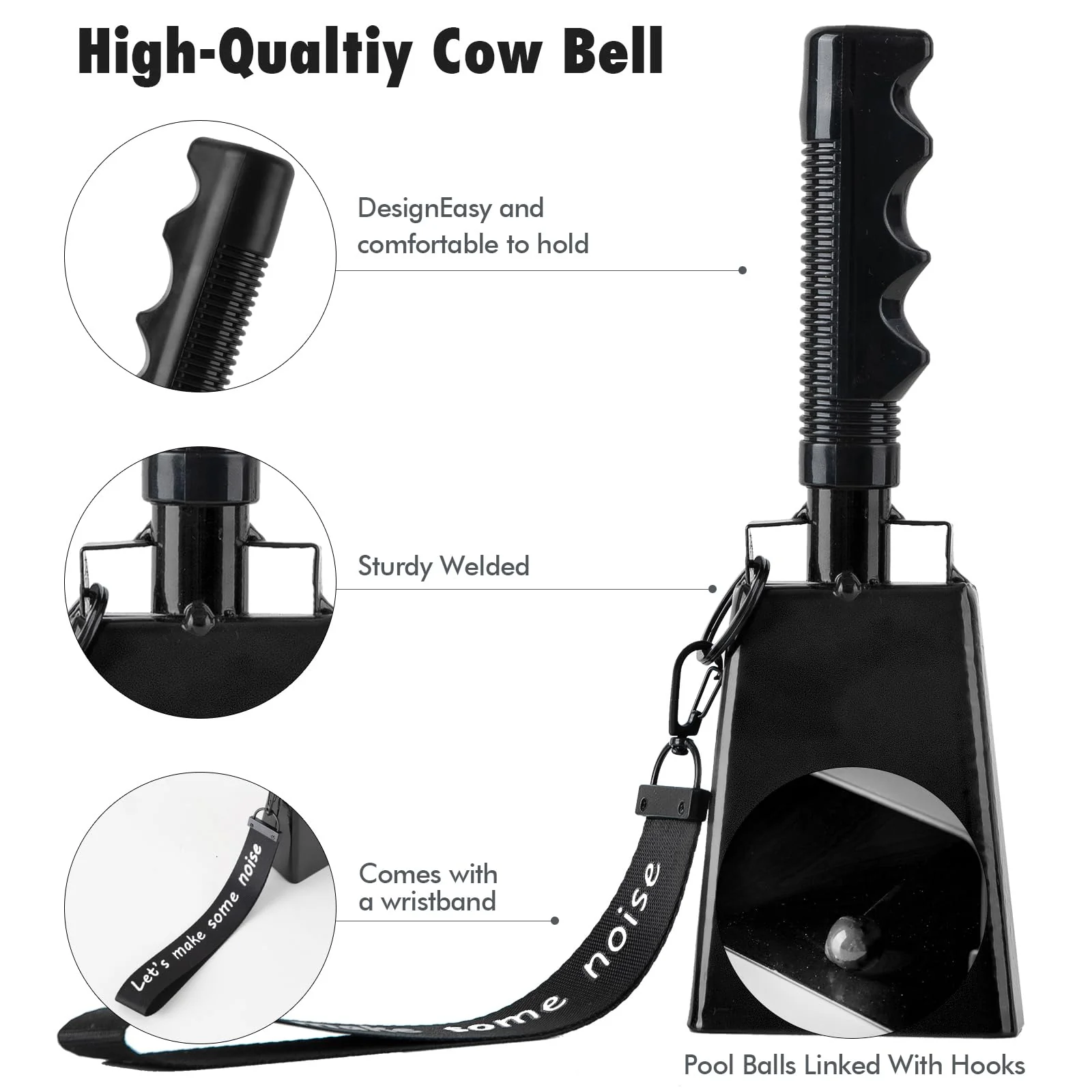 Cow Bells with Wrist Strap - Cowbell with Handle 2pcs, Customizable Cowbells for Sporting Events, for Football Games,Party, Concert, Graduations, Farm Ranch (black) black - Image 4