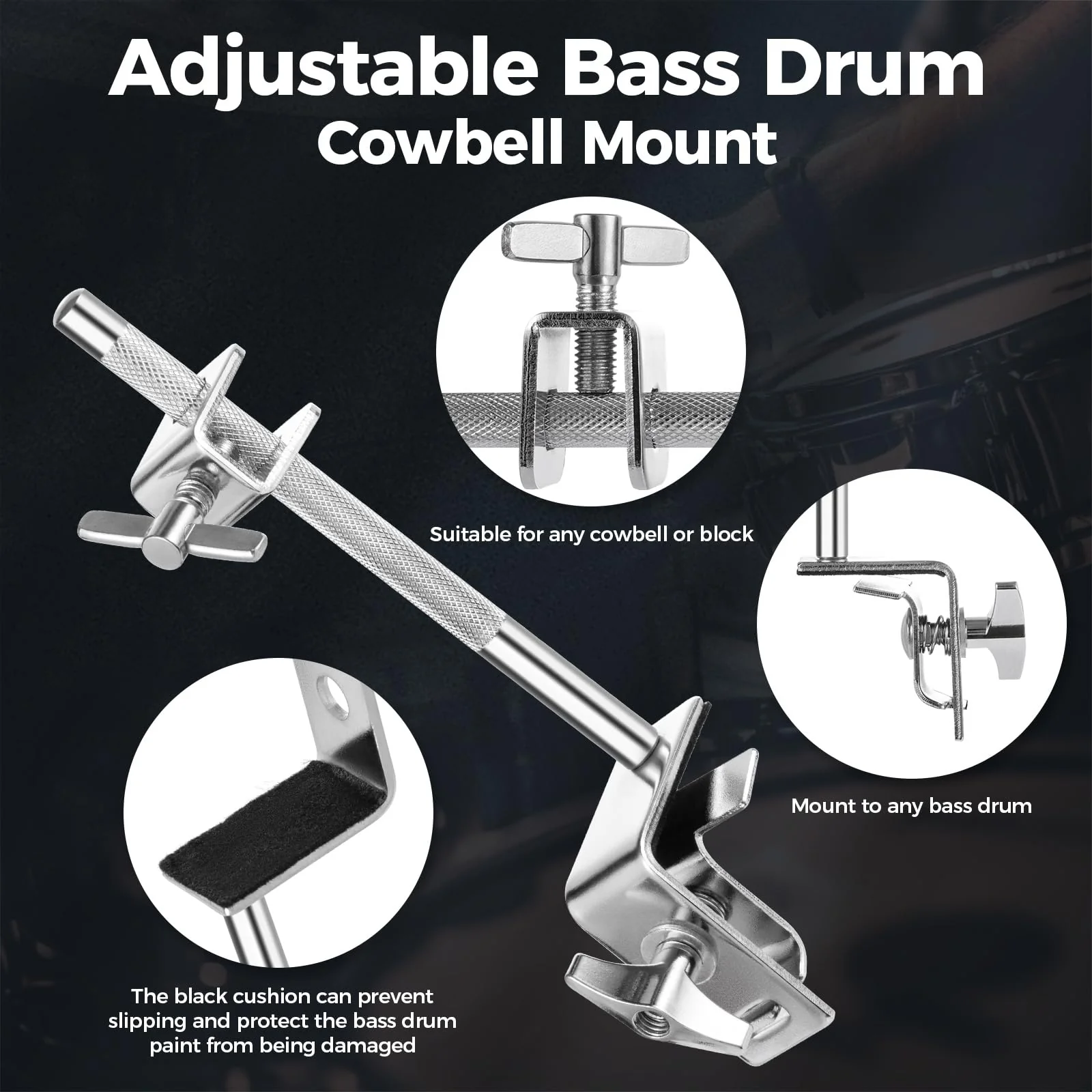 Cowbell Clamp for Bass Drum Hoop Mounting，Cowbell Mount with Parallel Action Jaws for Drummers - Drum Cowbell Holder Percussion Accessory for Versatile Sound - Image 3