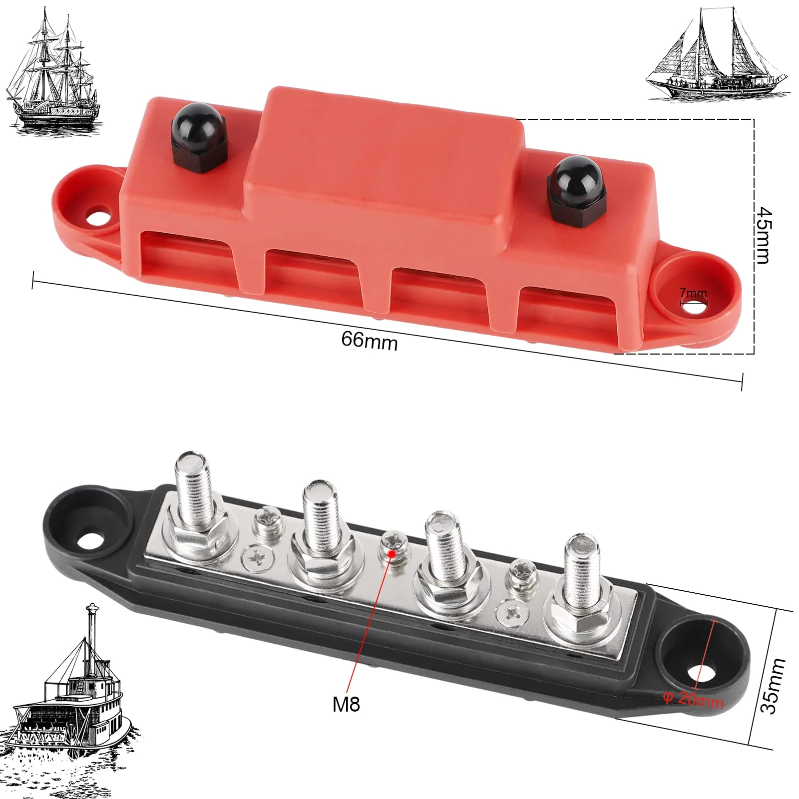 CPROSP 2-Piece Collecting Rail with Lid 250 A, Power Distribution Rail with 4 x M8 Bolt Connection, Battery Connection Block 5/16 Inches, BusBar Box for Car, RV, Boat, Yacht 250A--4*M8 - Image 3