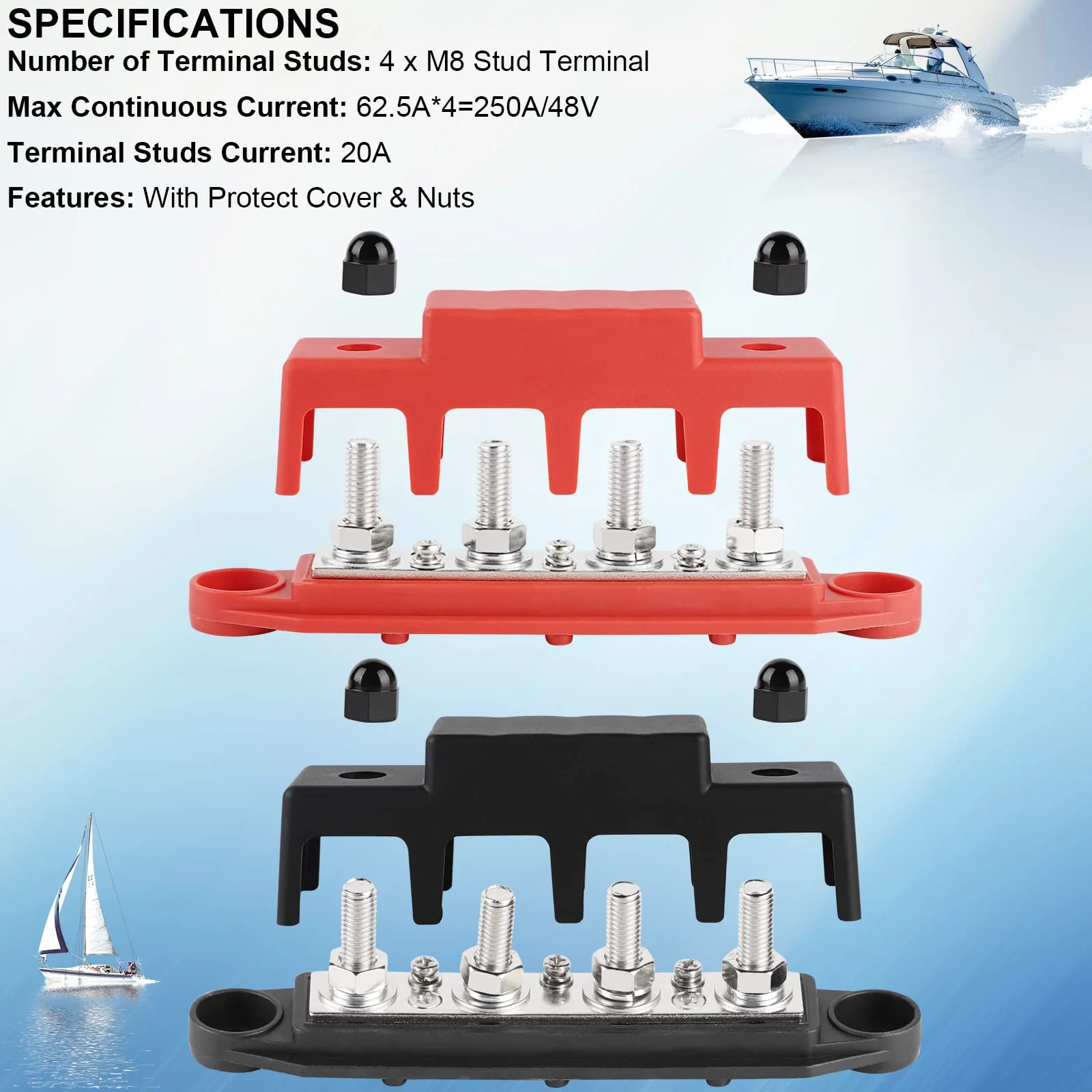 CPROSP 2-Piece Collecting Rail with Lid 250 A, Power Distribution Rail with 4 x M8 Bolt Connection, Battery Connection Block 5/16 Inches, BusBar Box for Car, RV, Boat, Yacht 250A--4*M8 - Image 4