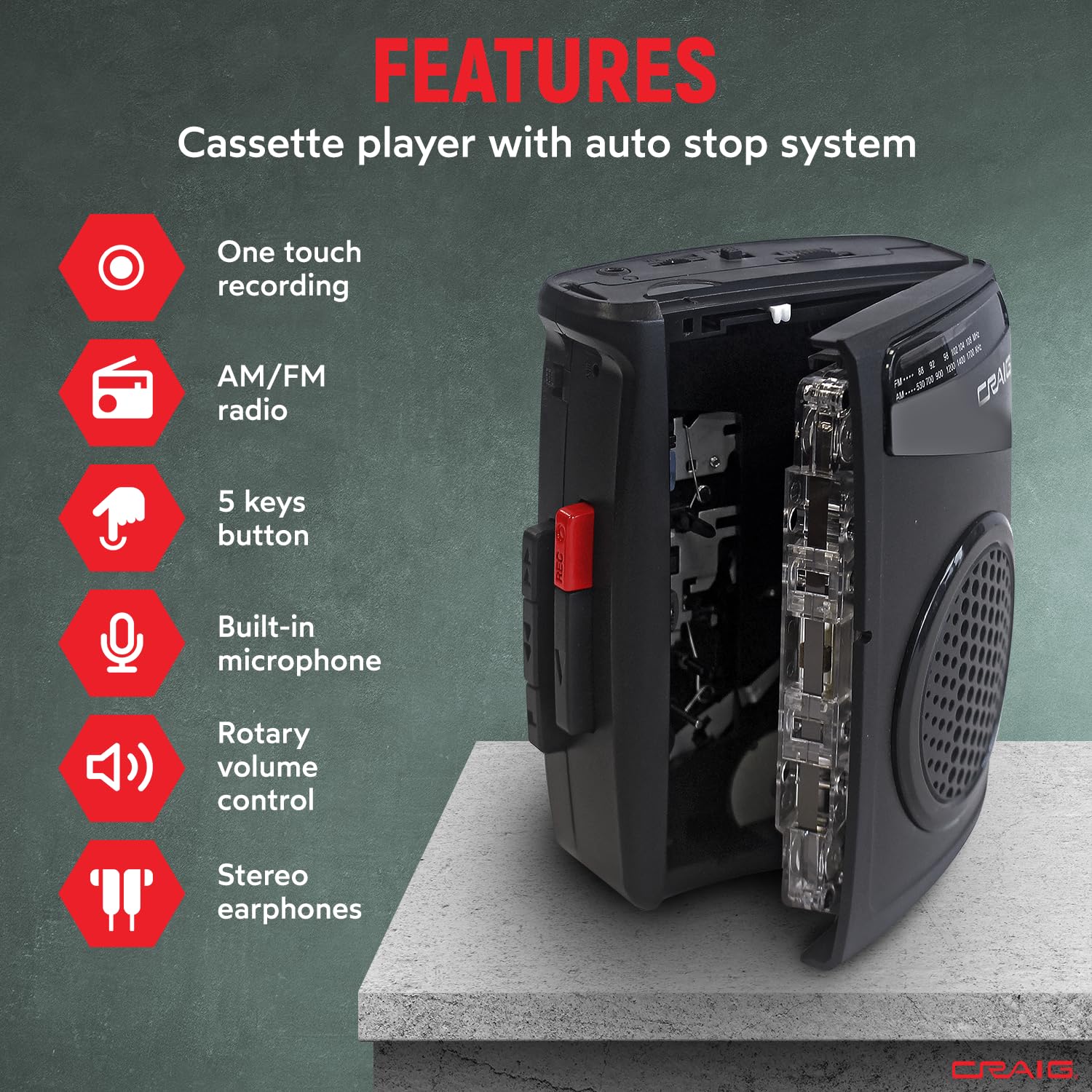 Craig Stereo Cassette Player/Recorder with Earphones: Portable AM/FM Radio & One-Touch Recording System - Image 2