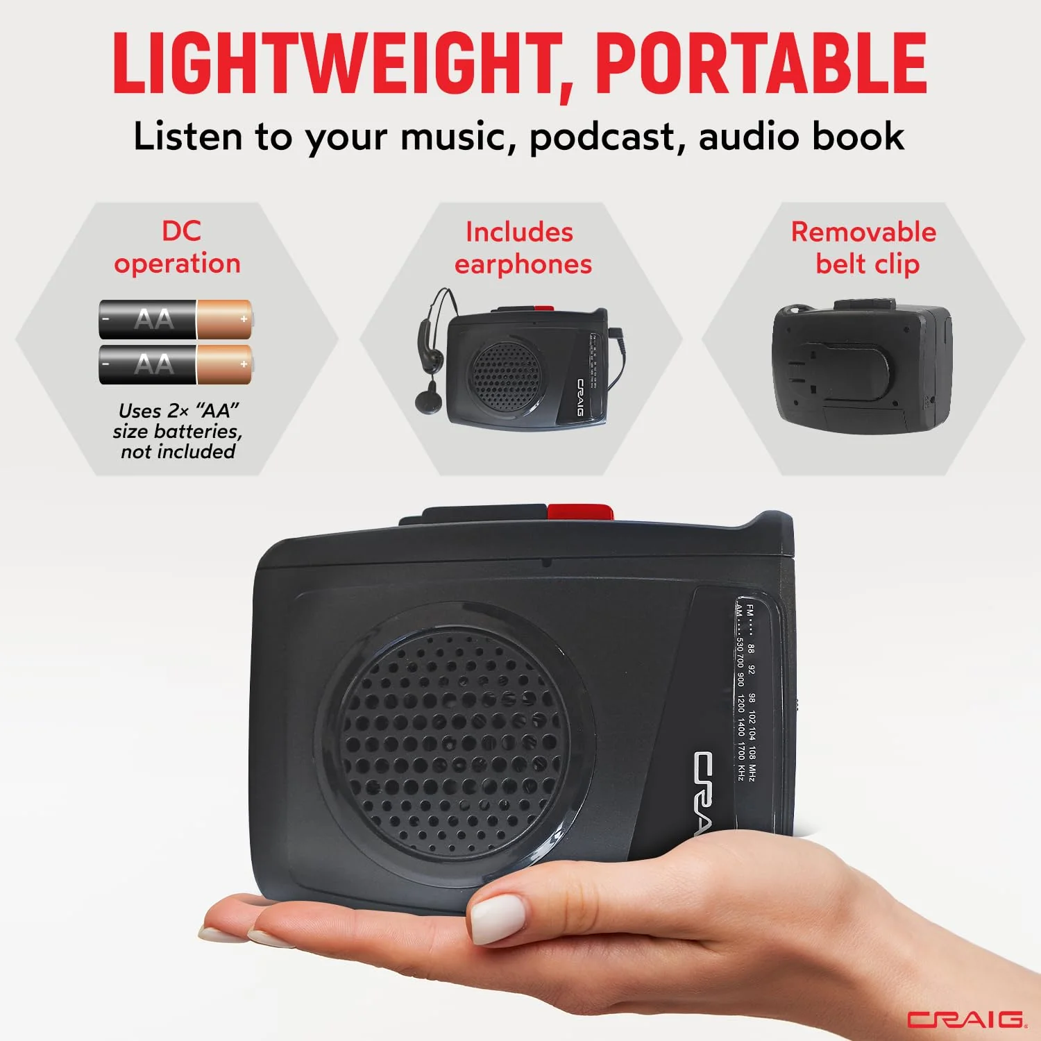 Craig Stereo Cassette Player/Recorder with Earphones: Portable AM/FM Radio & One-Touch Recording System - Image 3
