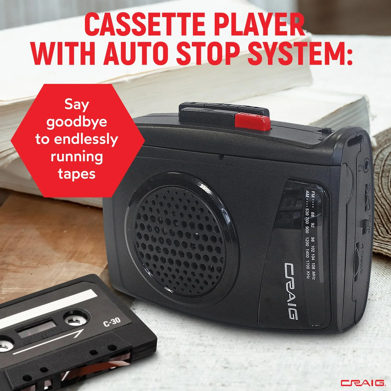 Craig Stereo Cassette Player/Recorder with Earphones: Portable AM/FM Radio & One-Touch Recording System - Image 6
