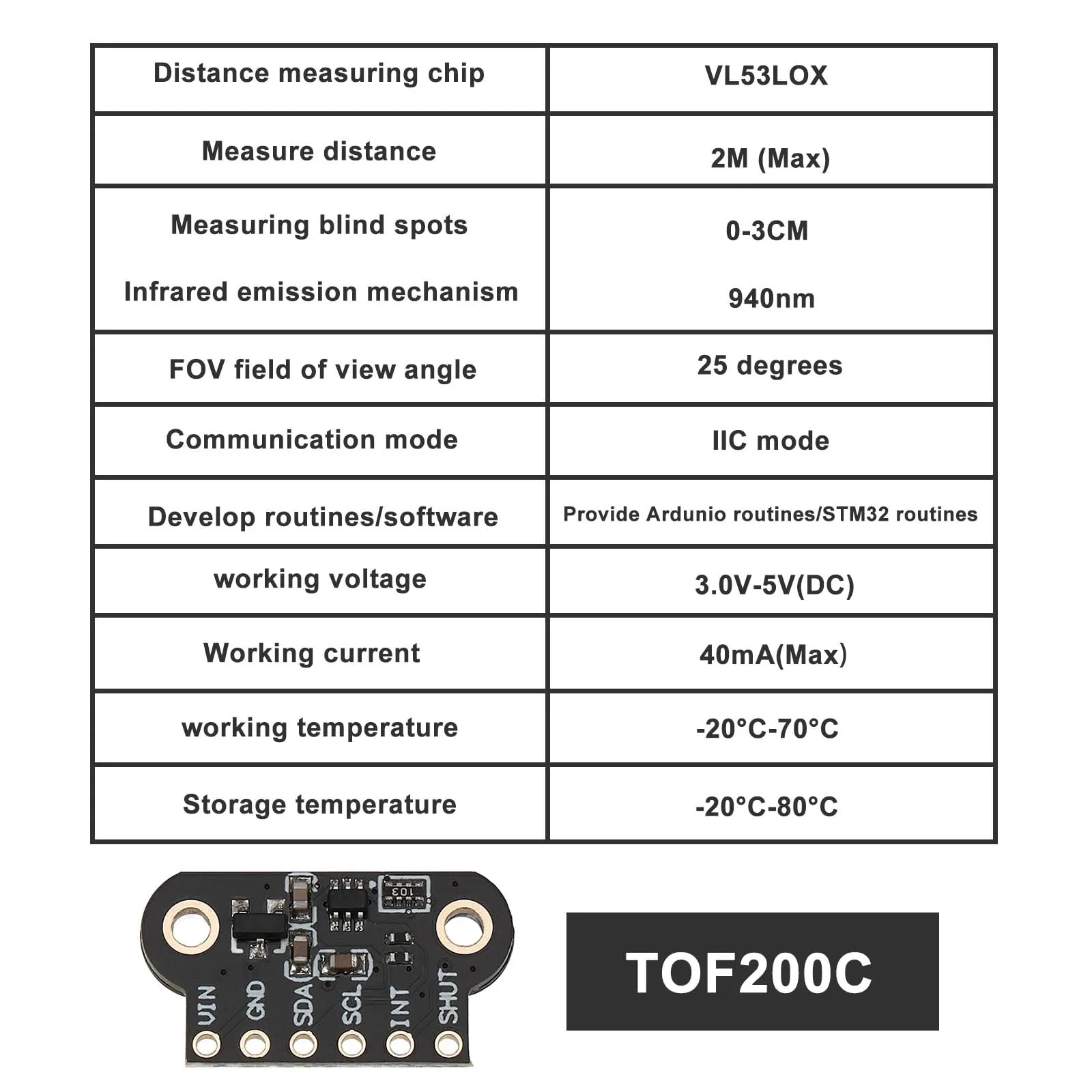 Create idea 1 Set Time of Flight TOF200C (2M) Laser Distance Sensor Module Compatible with ArduinoDEMO, Compatible with STM32 Demo (40mA 25°) - Image 3