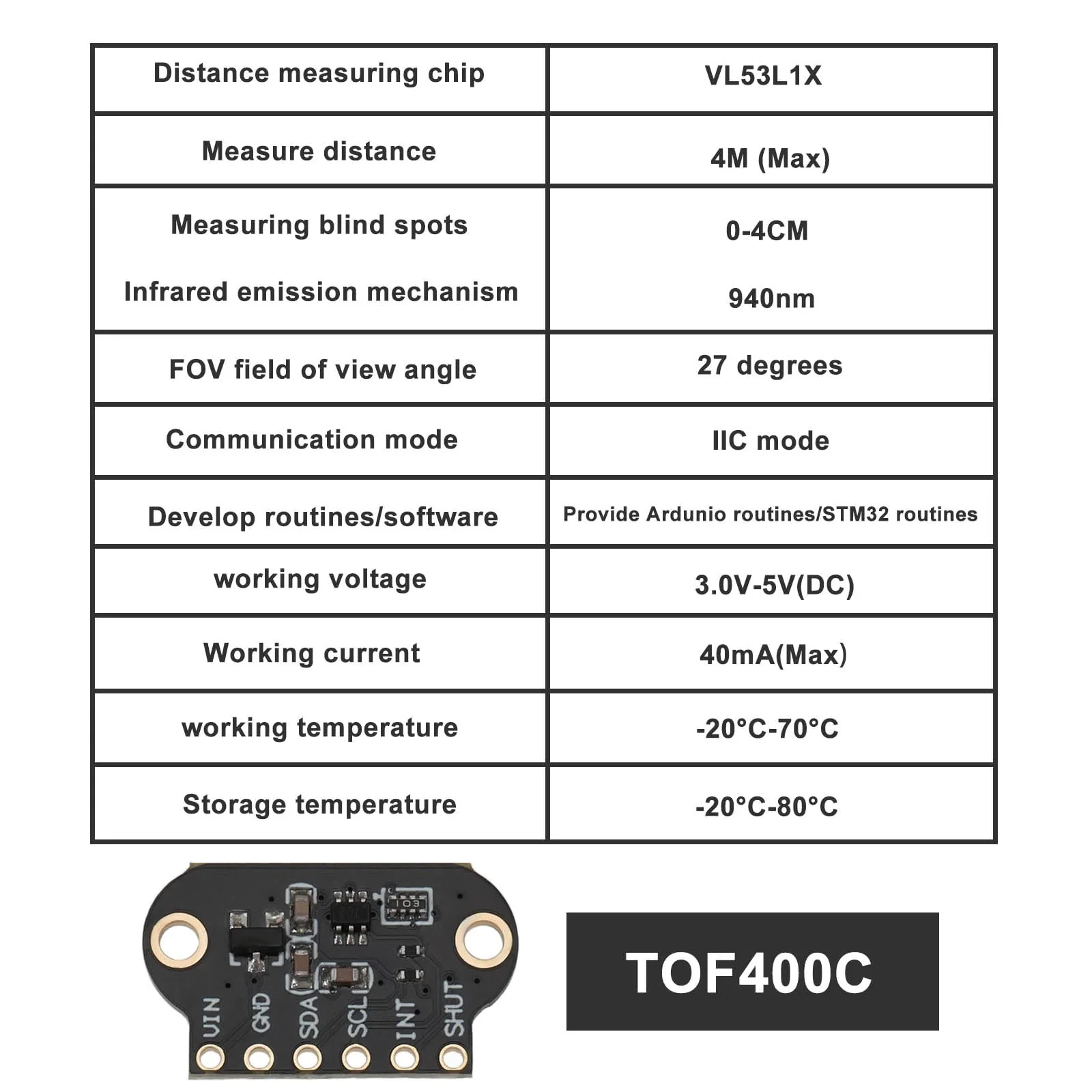 Create idea 1Set Time of Flight TOF400C (4M) Laser Ranging Sensor Module Compatible with ArduinoDEMO Compatible with STM32 Demo (40mA,25°) - Image 3