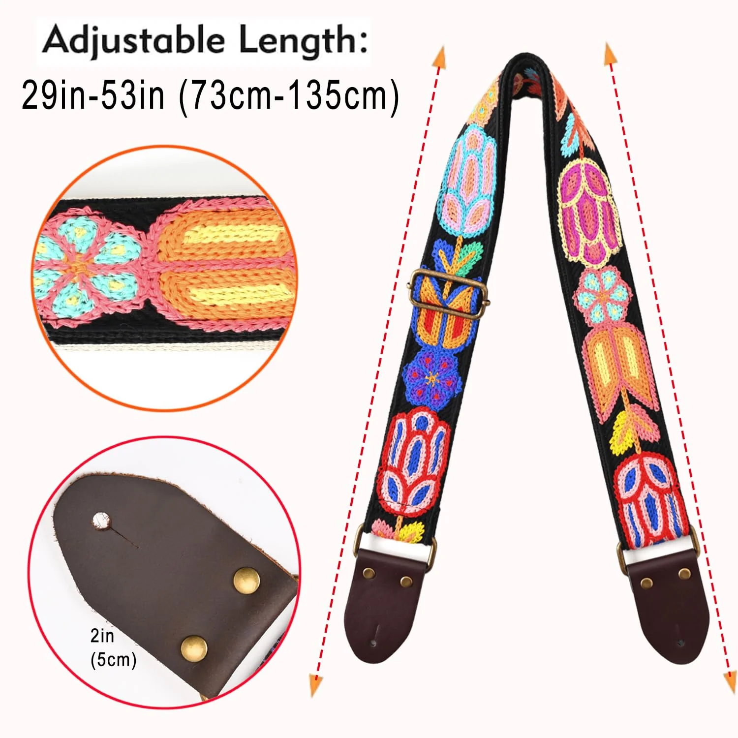 Crochet Flowers 2 inch width Guitar Strap Tulip Black - Image 4