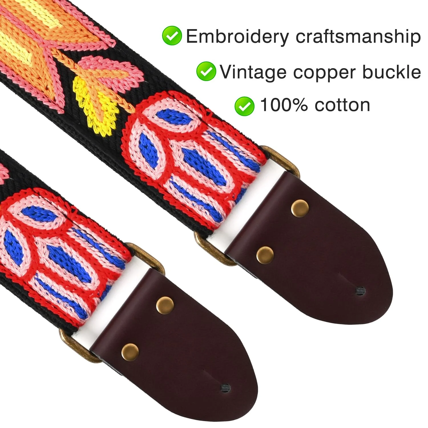 Crochet Flowers 2 inch width Guitar Strap Tulip Black - Image 5