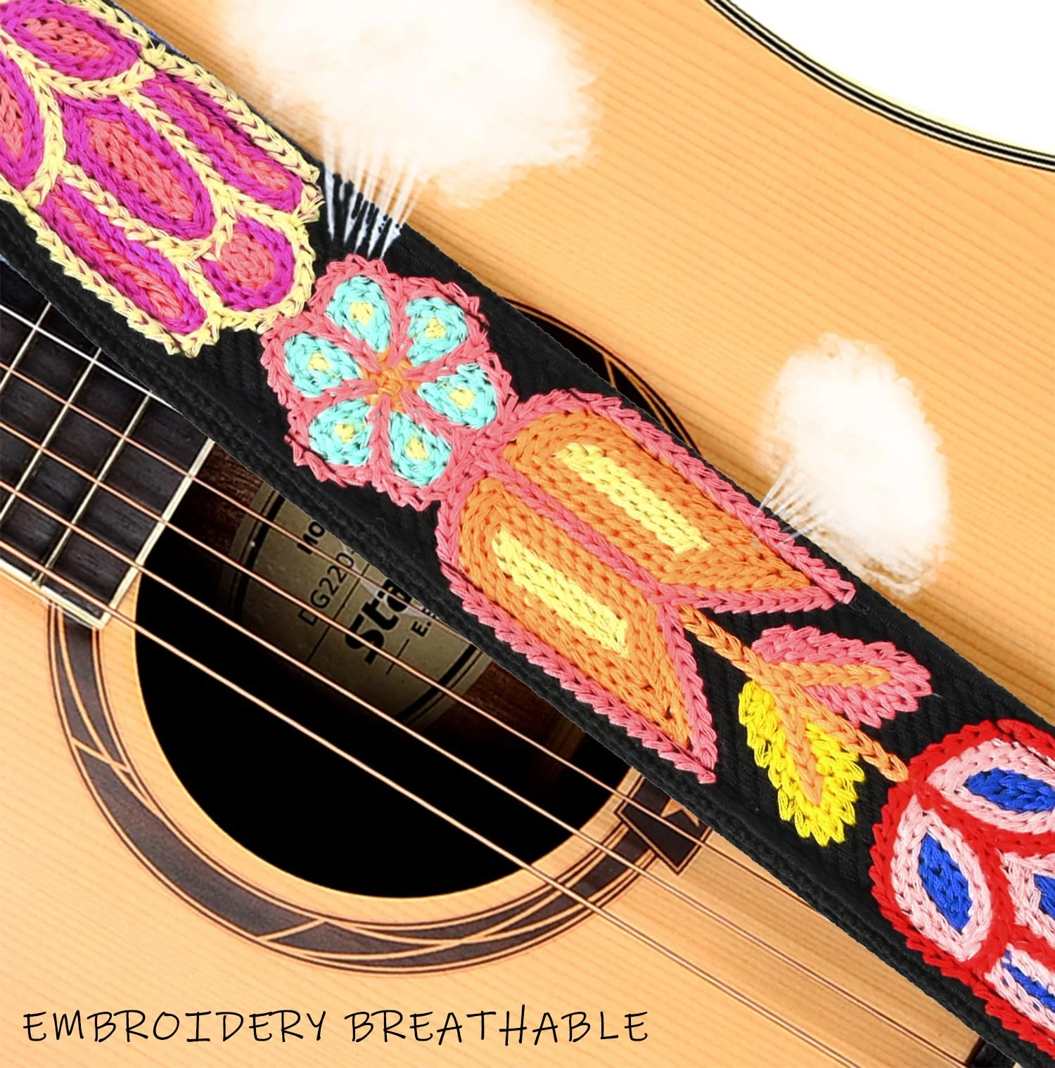 Crochet Flowers 2 inch width Guitar Strap Tulip Black - Image 6