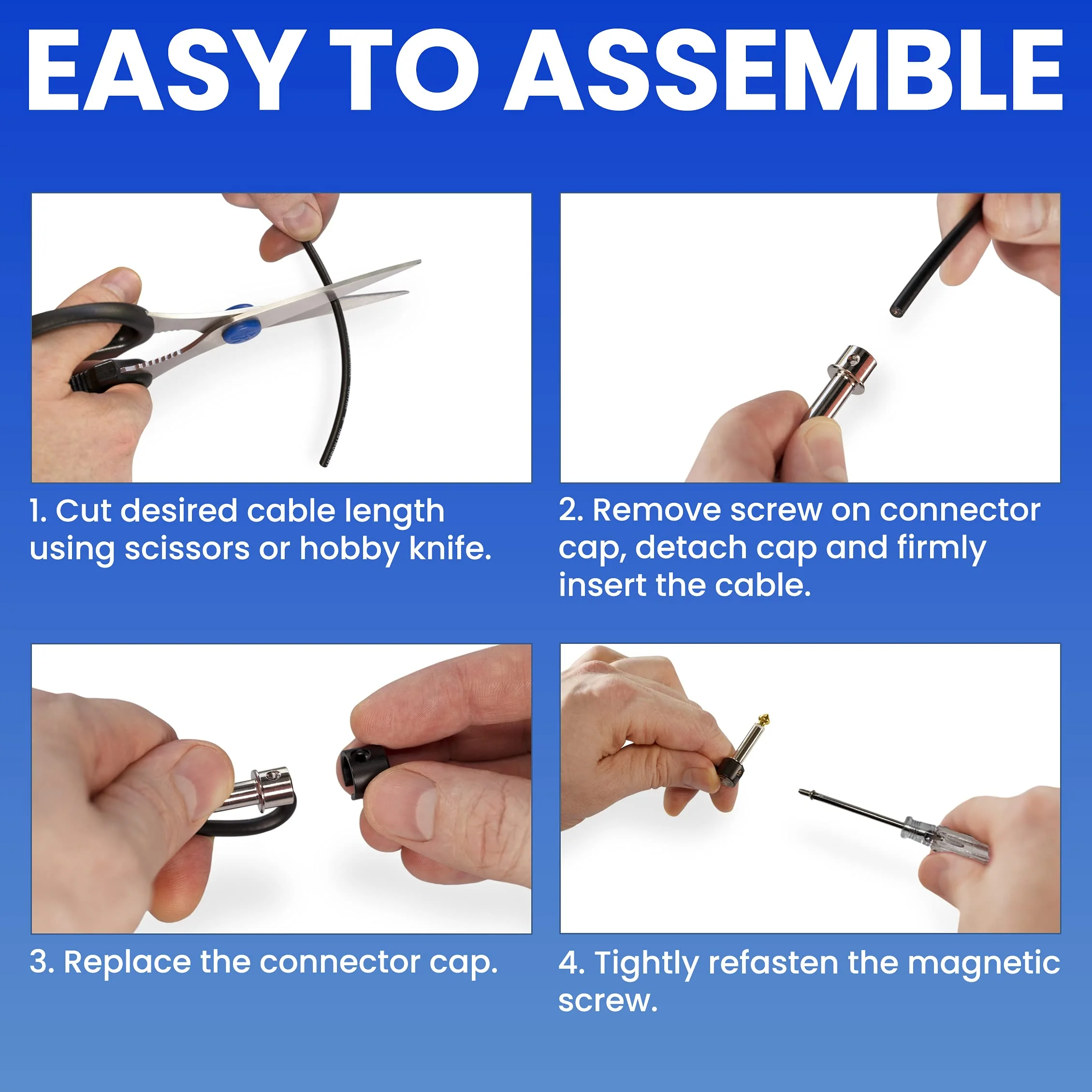 Crosby Solderless Pedalboard Cable Kit - No Cable Stripping Required, 10 Feet of Cable & 10 Gold Tip Connectors with Magnetic Screws & Screwdriver Make 5 DIY Custom Patch Cables 10 Pack of Gold Tip Connectors with 10ft of Cable - Image 4