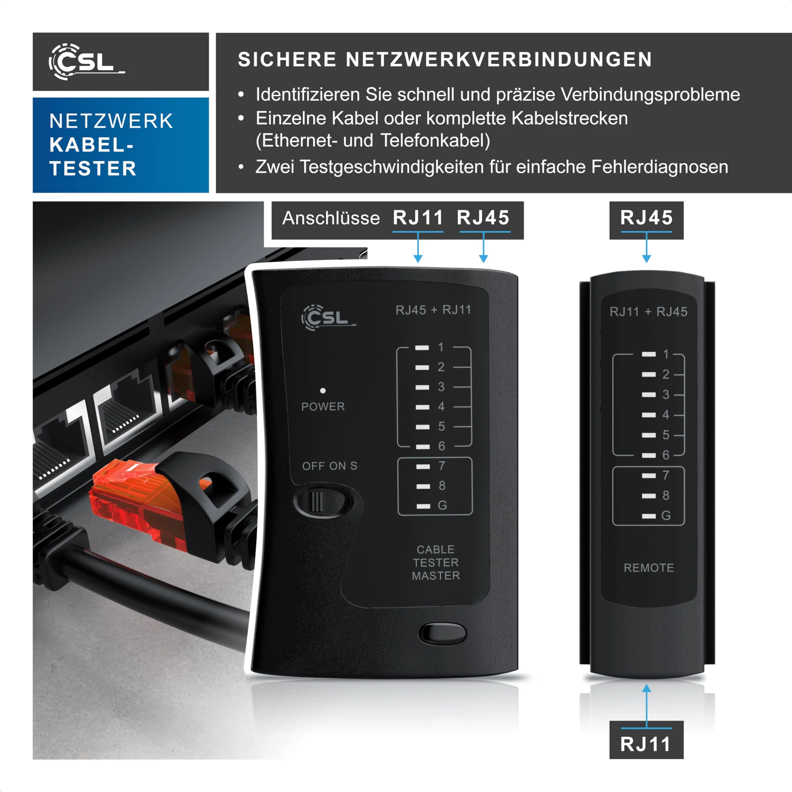 CSL - Network Tester - Network Cable Tester - for RJ45 and RJ11/12 (25)/14 Cable - Patch Cable Tester - LAN Network Cable Tester - 2 Speeds - Test LEDs for Precise Testing - Image 2