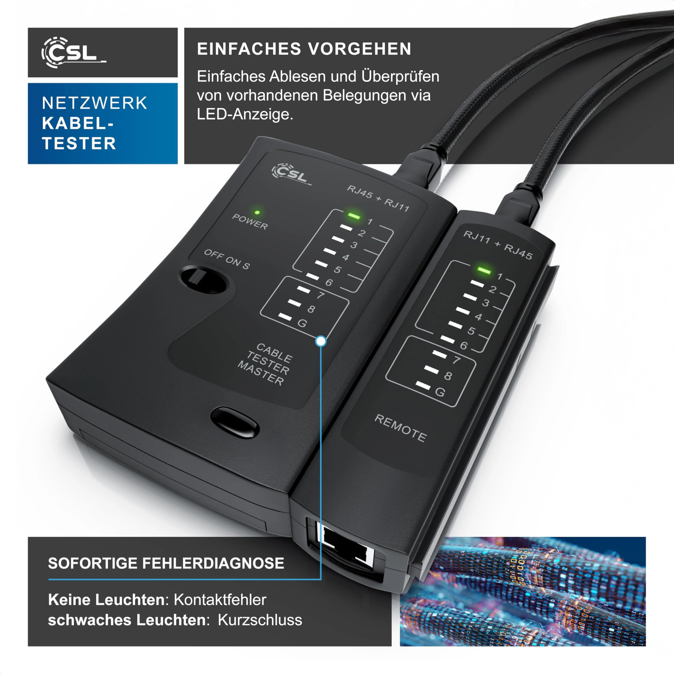 CSL - Network Tester - Network Cable Tester - for RJ45 and RJ11/12 (25)/14 Cable - Patch Cable Tester - LAN Network Cable Tester - 2 Speeds - Test LEDs for Precise Testing - Image 3