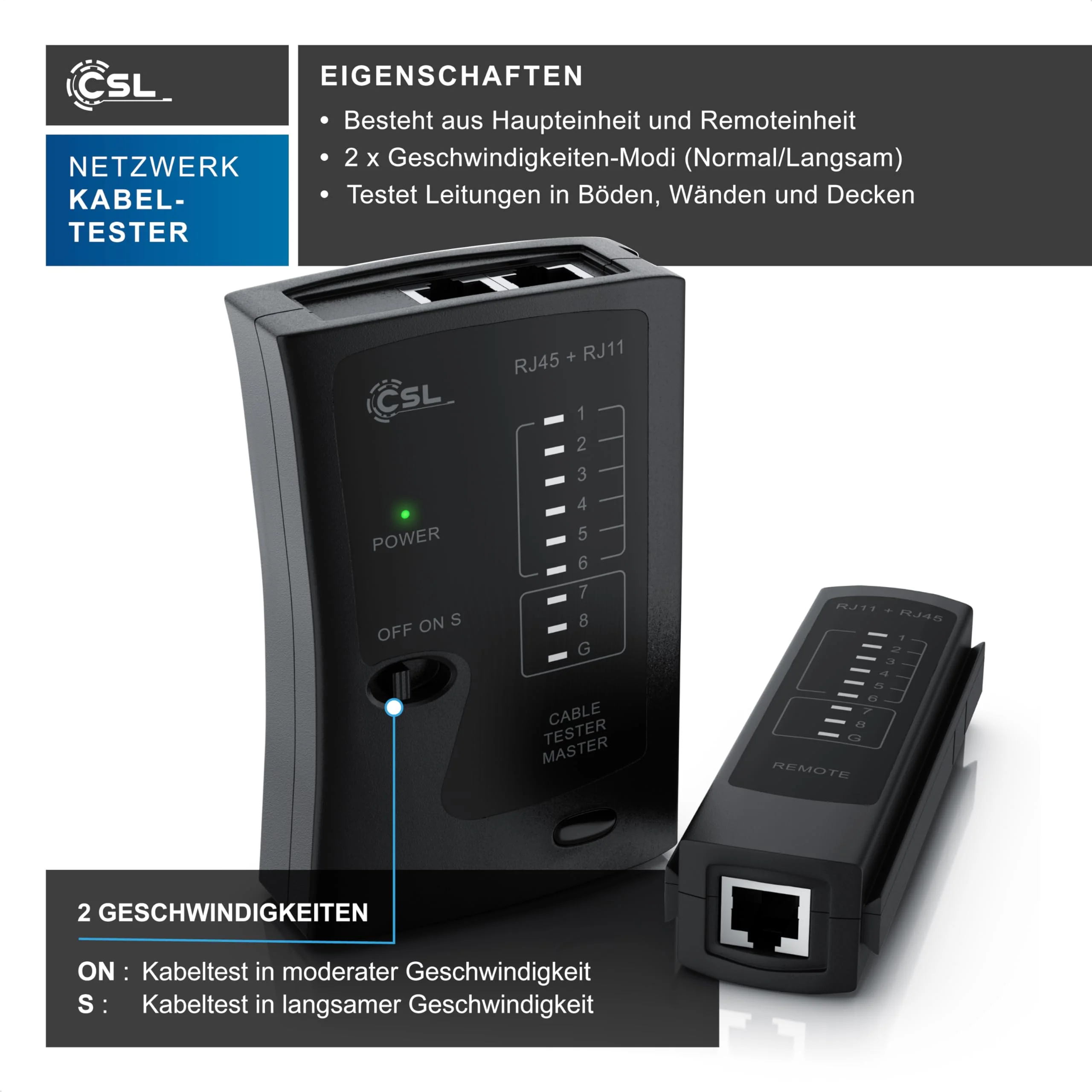 CSL - Network Tester - Network Cable Tester - for RJ45 and RJ11/12 (25)/14 Cable - Patch Cable Tester - LAN Network Cable Tester - 2 Speeds - Test LEDs for Precise Testing - Image 4