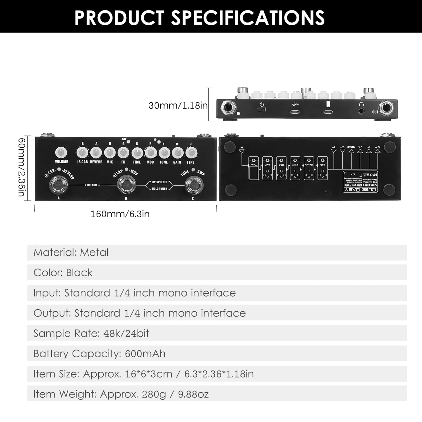 CUBE-BABY Guitar Multi-Effects Pedal with 8 IR Cabinet Simulations, Rechargeable Battery, and Precision Tuner - Image 8