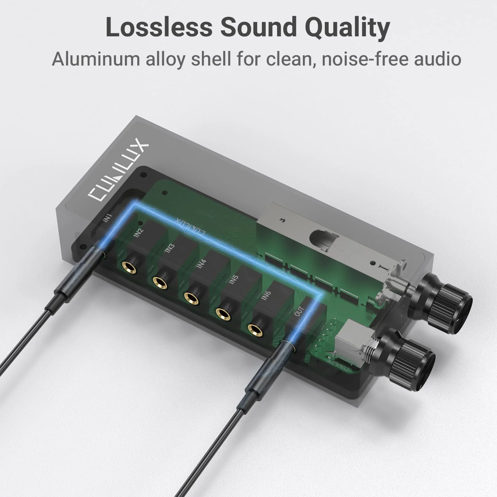 Cubilux 3.5mm 6-in-1 Stereo Audio Switcher with Volume Control & Mute, 6 Input to 1 Output Audio Selector Box for Headphones, Speakers, Laptop, PC, Smartphone, and Tablet - Image 4
