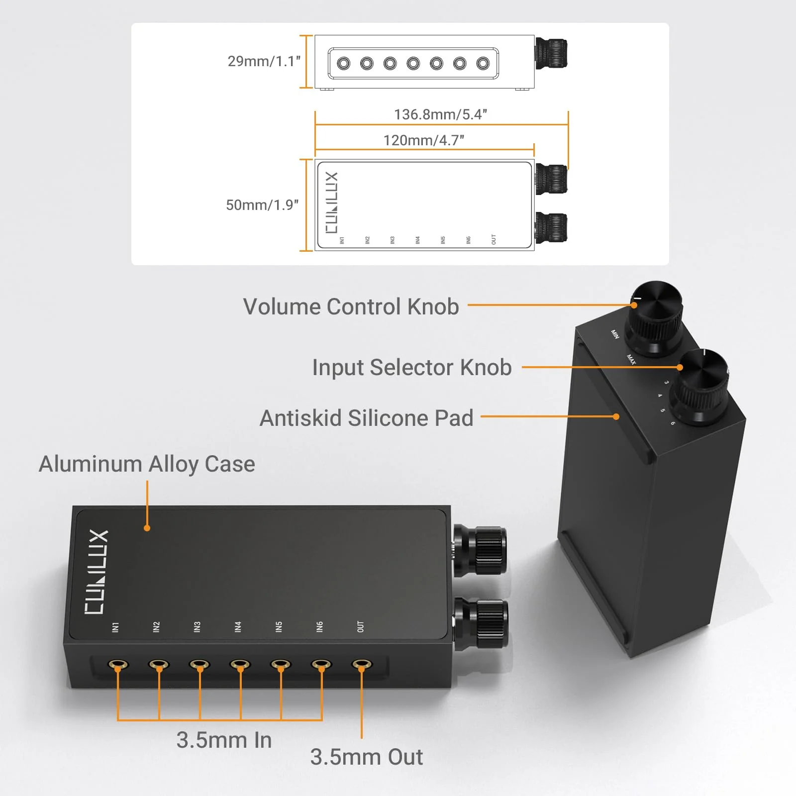Cubilux 3.5mm 6-in-1 Stereo Audio Switcher with Volume Control & Mute, 6 Input to 1 Output Audio Selector Box for Headphones, Speakers, Laptop, PC, Smartphone, and Tablet - Image 5