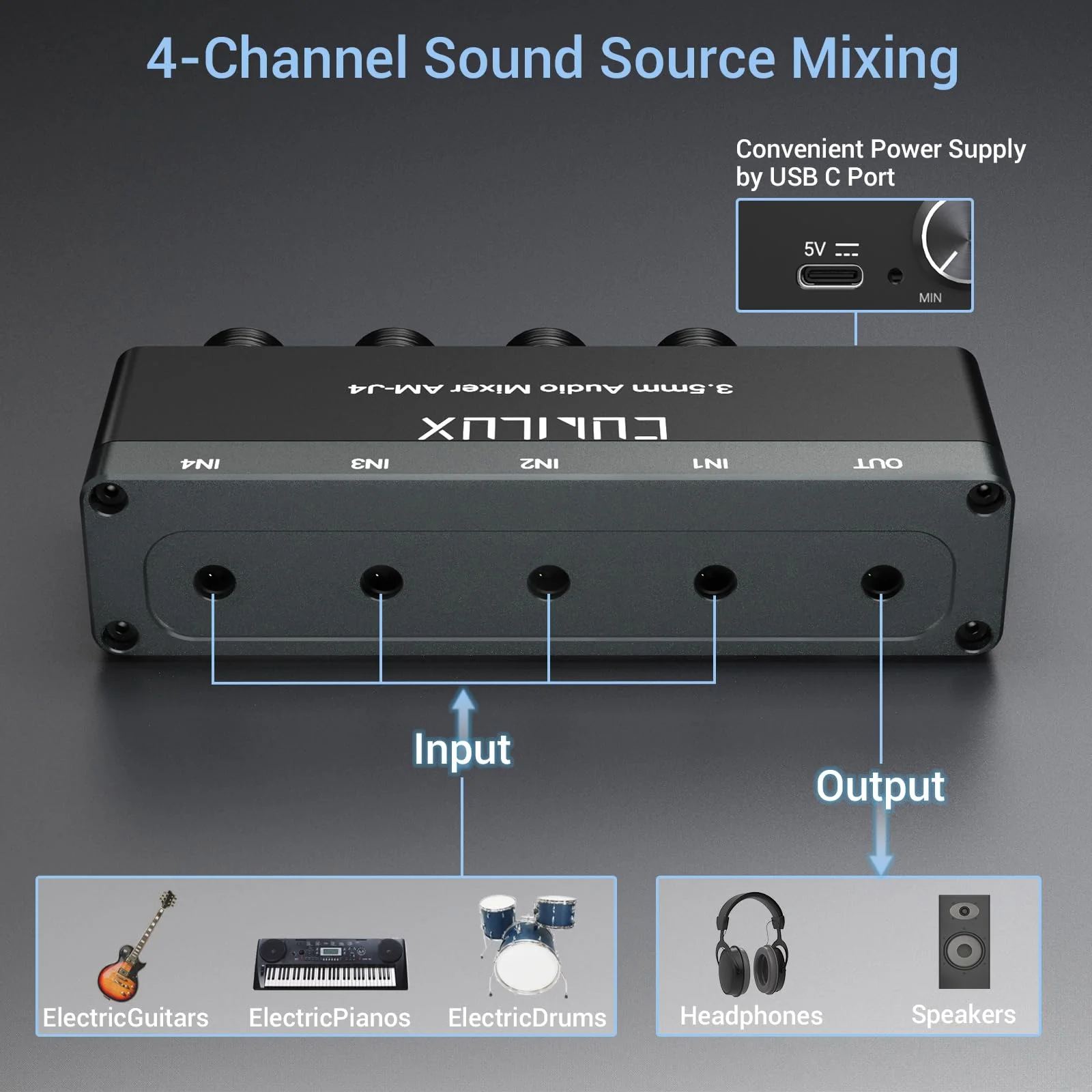 Cubilux 4-Channel 3.5mm Audio Mixer, Ultra-Low-Noise Mini Audio Mixer for Sub-Mixing, 1/8 TS/TRS Input, Stereo Switcher Suitable for Guitars, Bass, Keyboards - Image 3