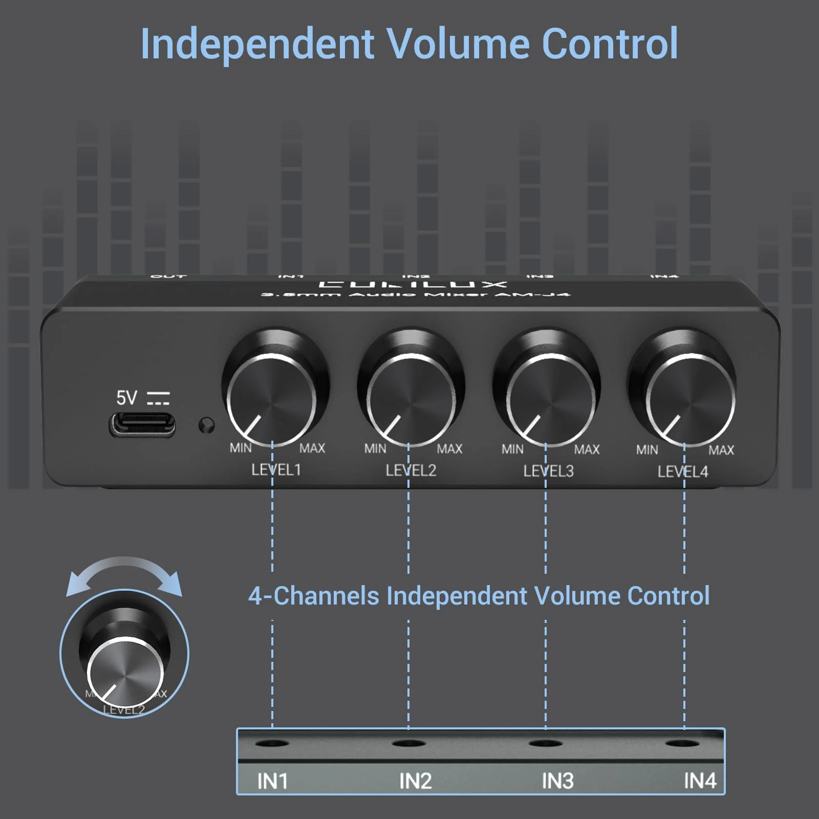 Cubilux 4-Channel 3.5mm Audio Mixer, Ultra-Low-Noise Mini Audio Mixer for Sub-Mixing, 1/8 TS/TRS Input, Stereo Switcher Suitable for Guitars, Bass, Keyboards - Image 4