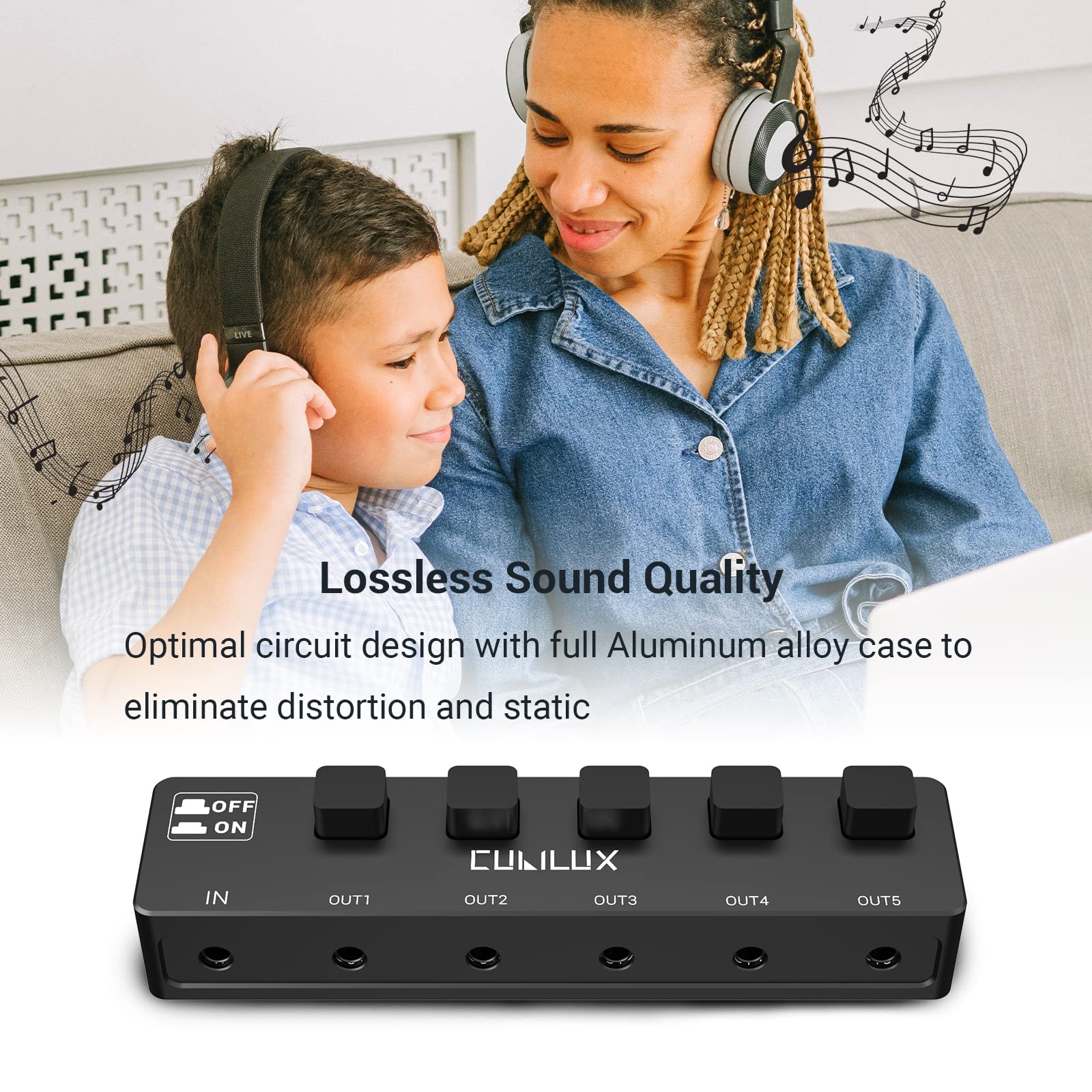 Cubilux 5-Way 3.5mm Headphone Splitter with Switch Control, Aluminum Case 5-Channel 1/8” Stereo Audio Splitter, Multi-Port TRS AUX Share/Split Box/HUB for Speaker Earphones Laptop PC Smartphone Tablet - Image 5
