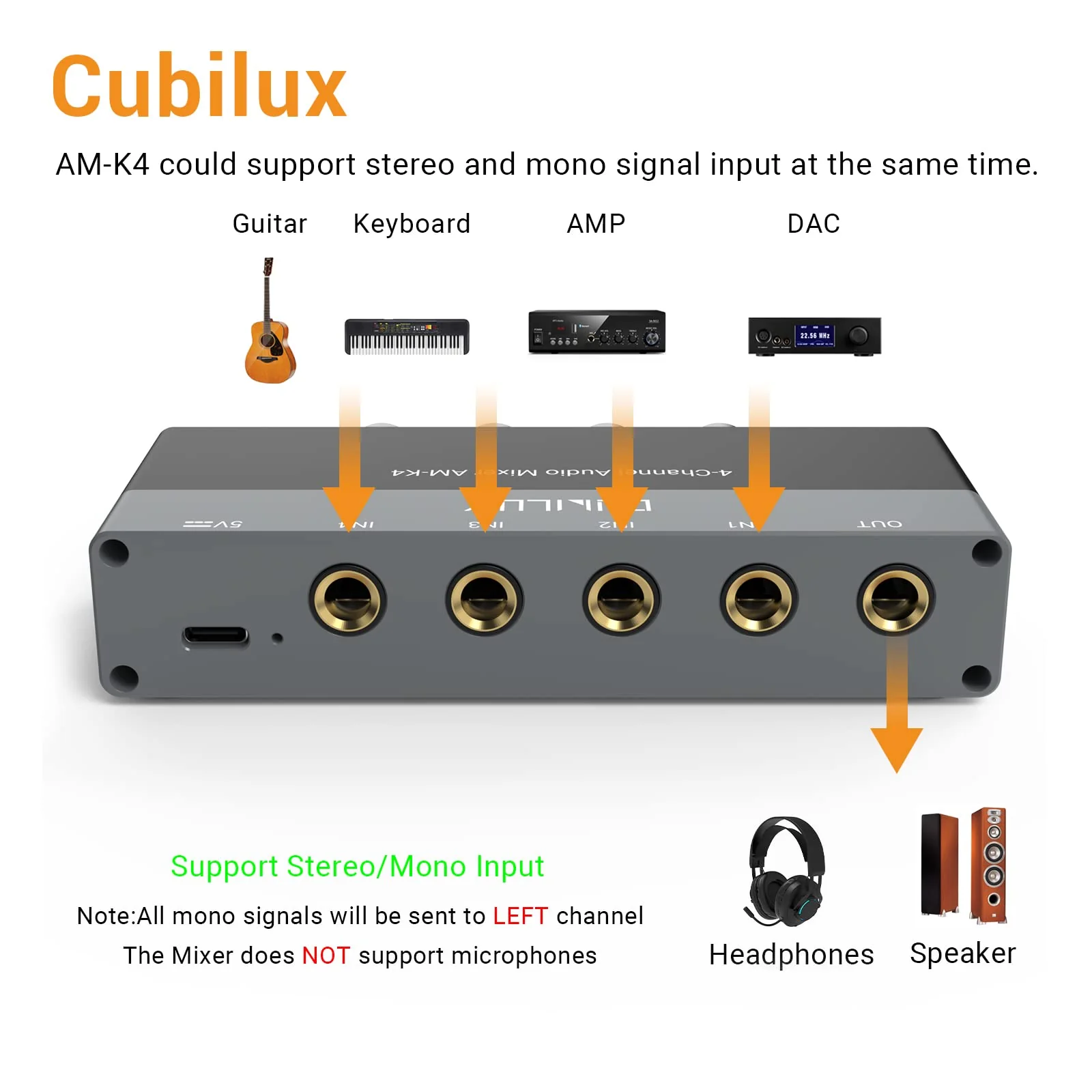 Cubilux AM-K4 6.35mm Stereo Audio Mixer, Ultra-Low Noise 4-Channel 1/4 AUX Mixer, USB C Powered Quarter Inch Mixer with Volume Control - Image 4
